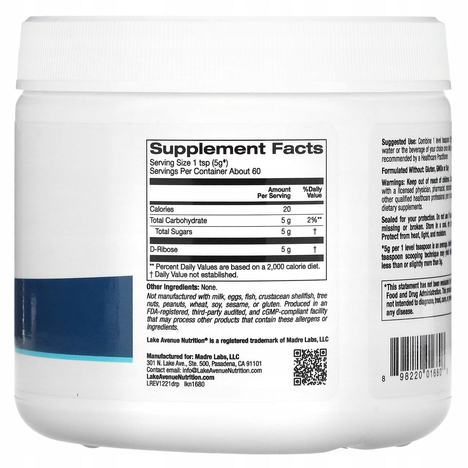 Lake Avenue Nutrition, D-ribose Powder, Flavor-Free, 300 g Expiration date at least 3 months from the date of purchase