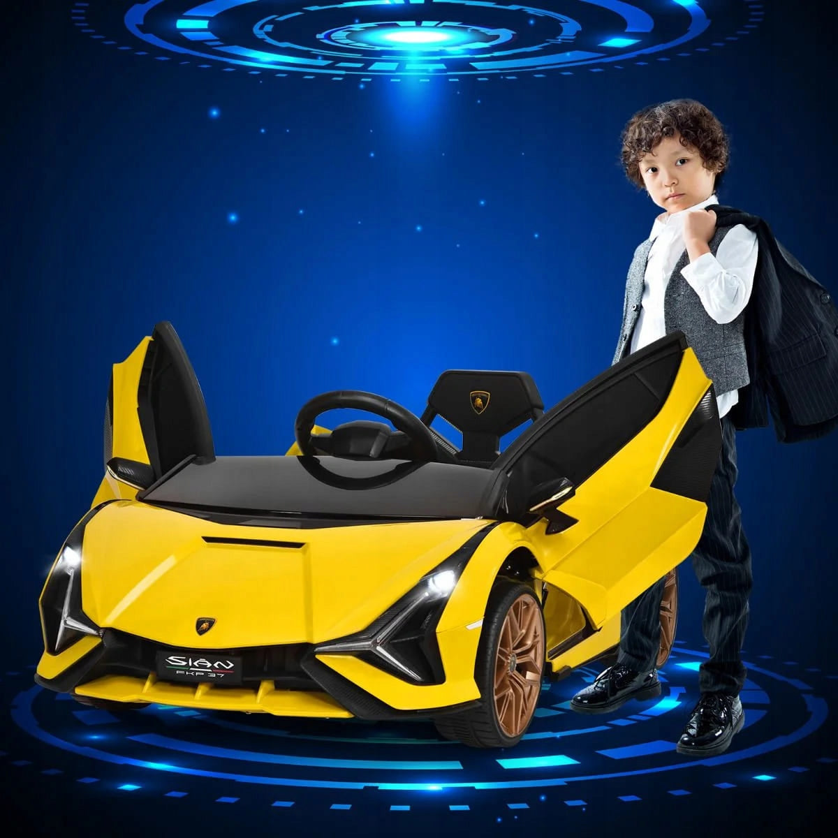 Lamborghini Sián electric car for children with LED lights Color yellow
