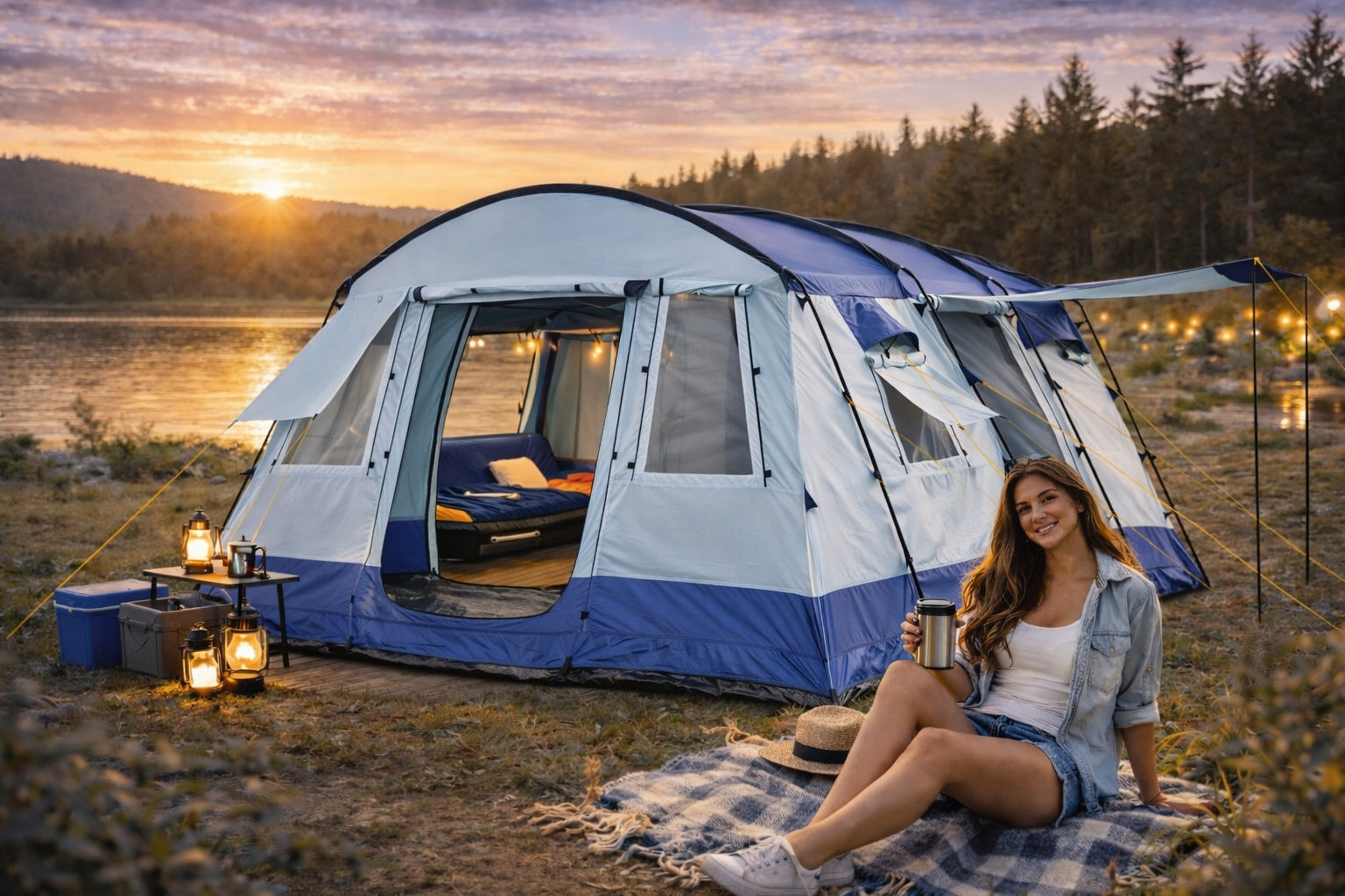 Large 25m² Tent NEVADA XXL 6 -12 people 5000mm integrated! Black cabins! Number of people 6