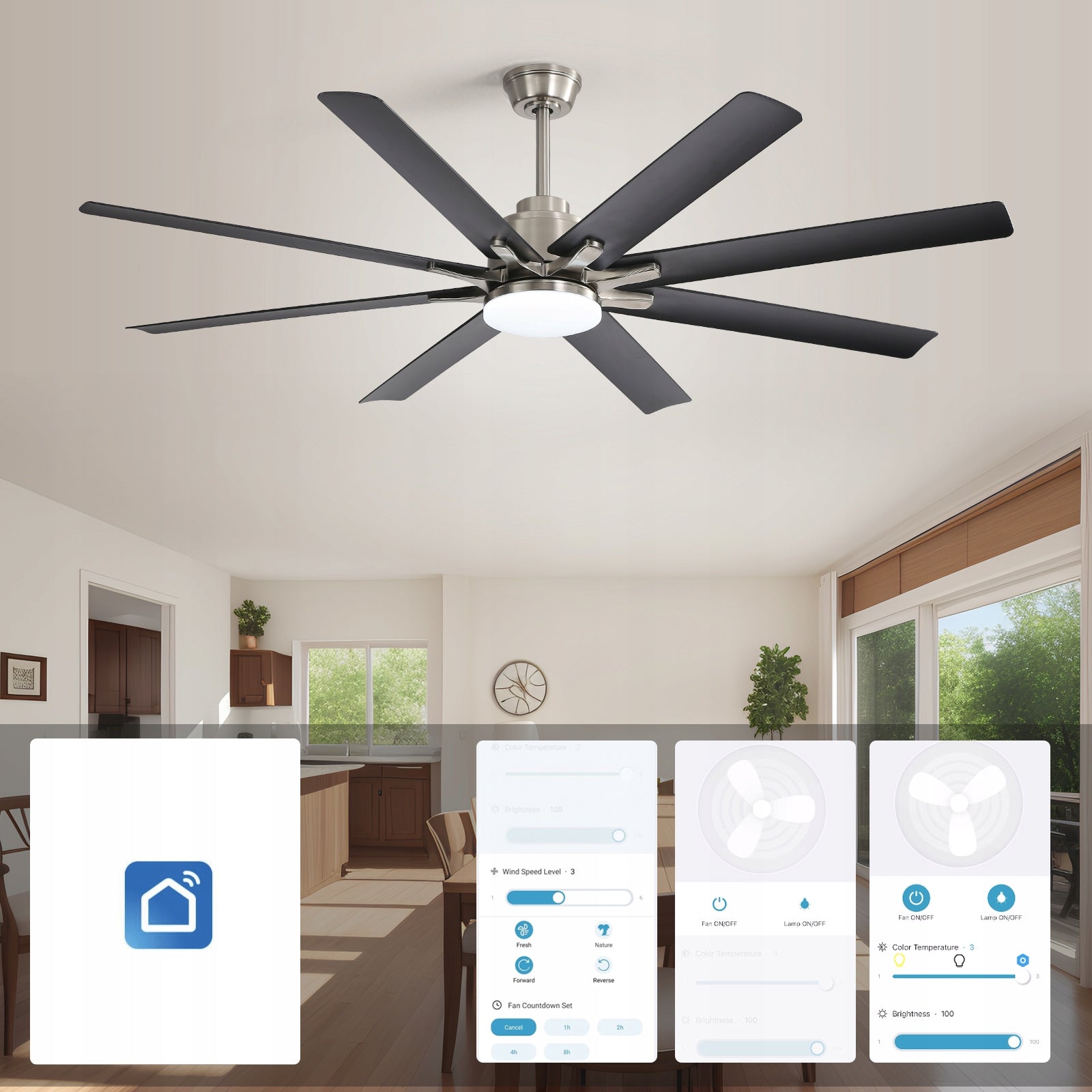 Large, 66-inch smart ceiling fan with 8 blades. Dominant color silver/gray