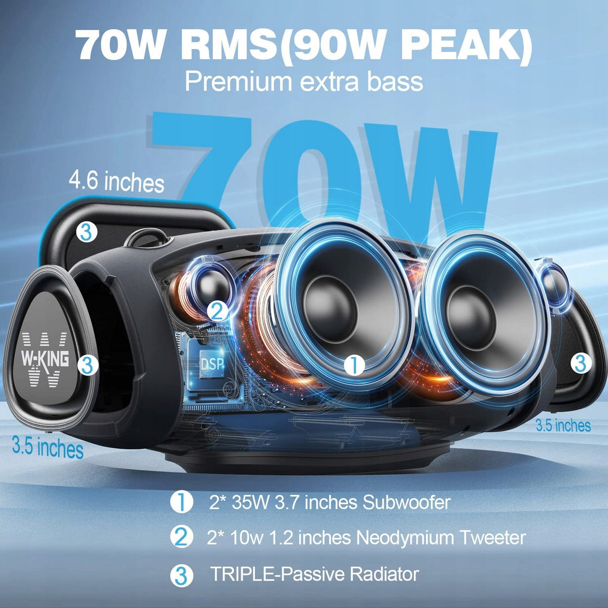 Large Bluetooth Speaker 70W Bass Powerbank W-KING EAN (GTIN) 0686217511043