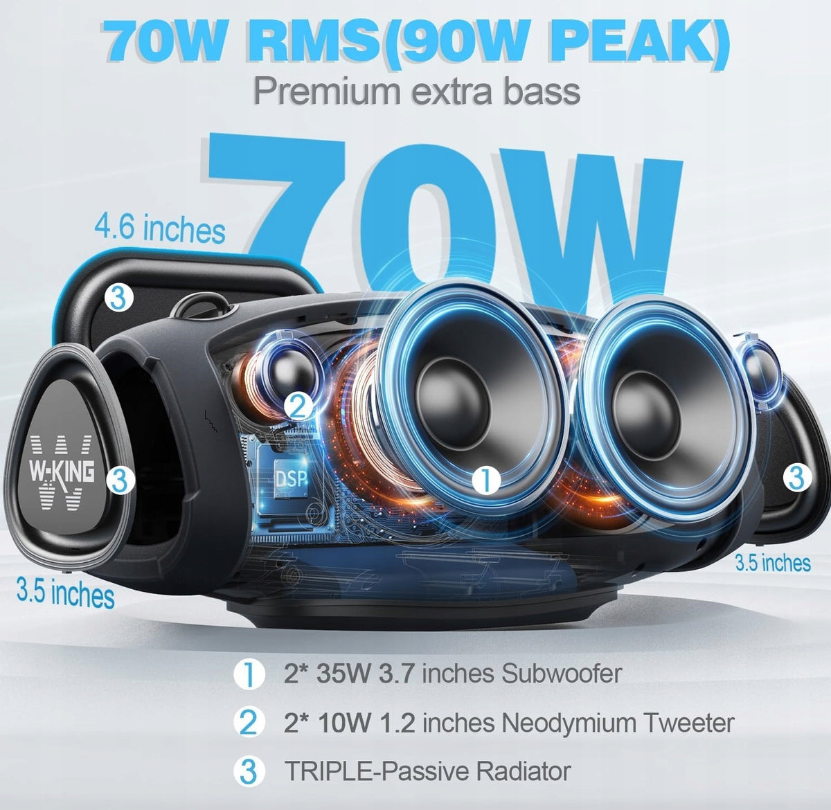 Large Bluetooth Speaker 70W + Wireless Microphone Bass Powerbank W-KING Brand W-King