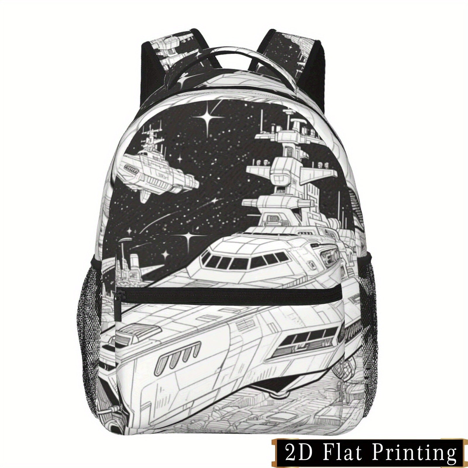 Large Capacity Battleship Print Backpack with Side Pockets