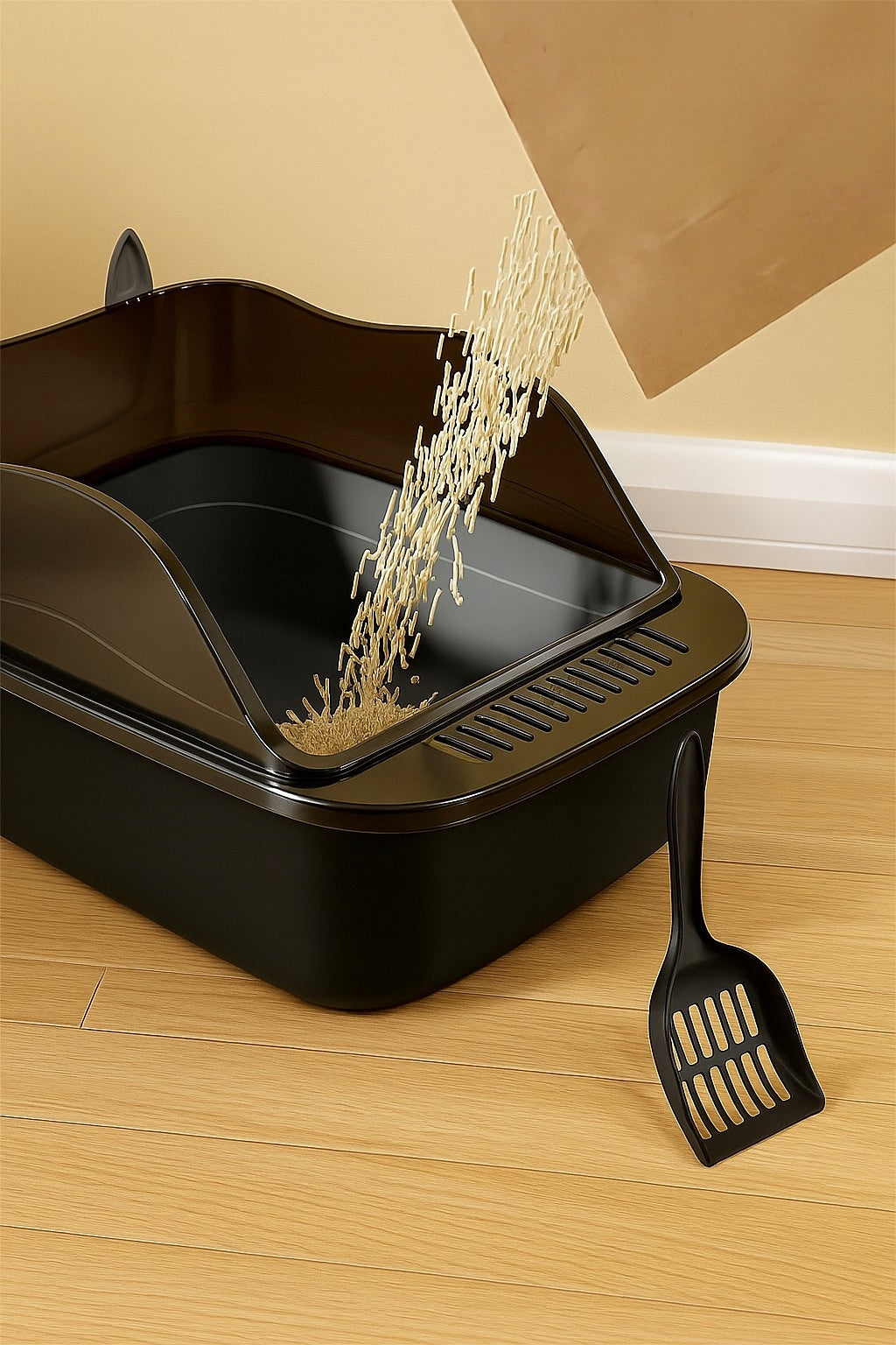 Large Cat Cuvette with Ears BLACK Open Sturdy Durable XXL Spatula Model Duża Kuweta dla Kota z Uszami Anytech Czarna