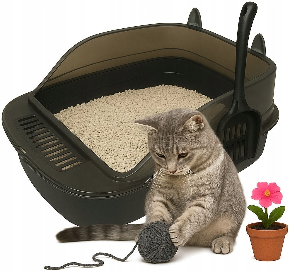Large Cat Cuvette with Ears BLACK Open Sturdy Durable XXL Spatula
