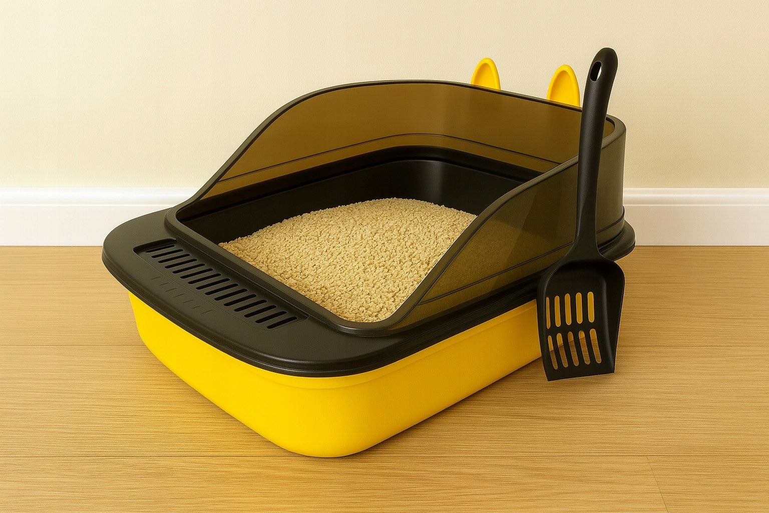 Large Cat Cuvette with Ears YELLOW Open Sturdy Durable XXL Spatula Model Duża Kuweta dla Kota z Uszami Anytech Żółta