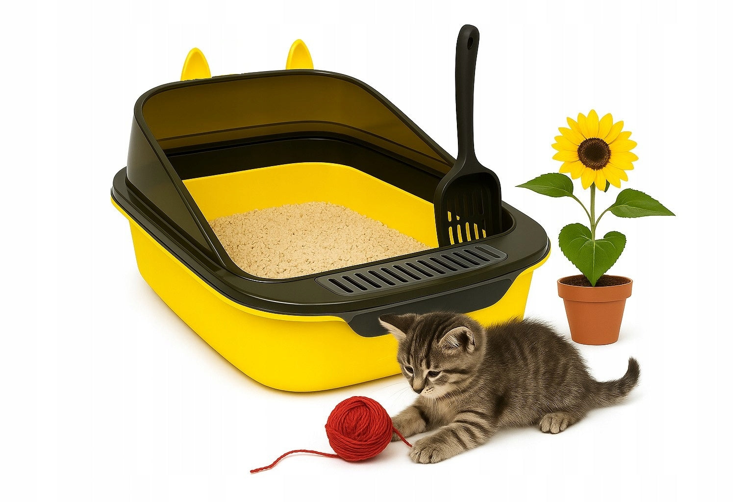 Large Cat Cuvette with Ears YELLOW Open Sturdy Durable XXL Spatula