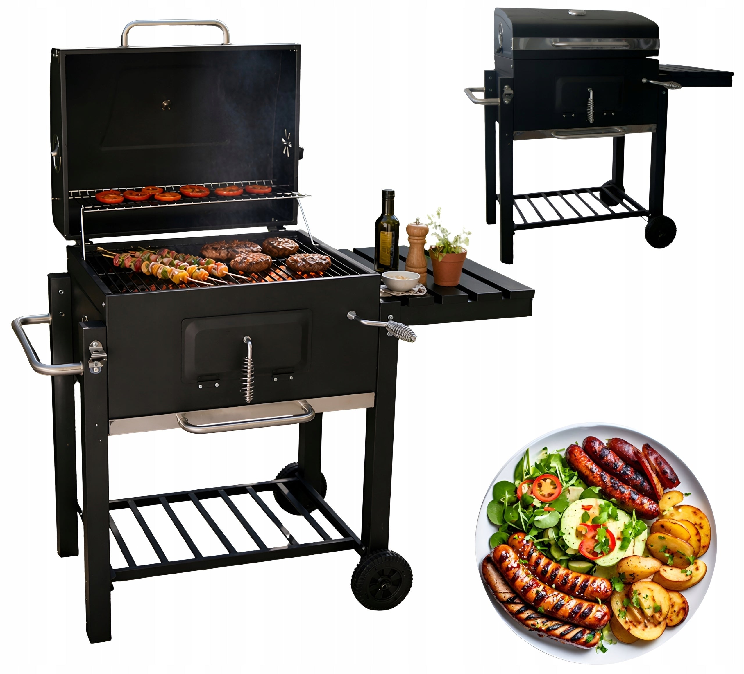 Large Charcoal Garden GRILL with Grate Cover Toaster Thermometer Black Packaging status original