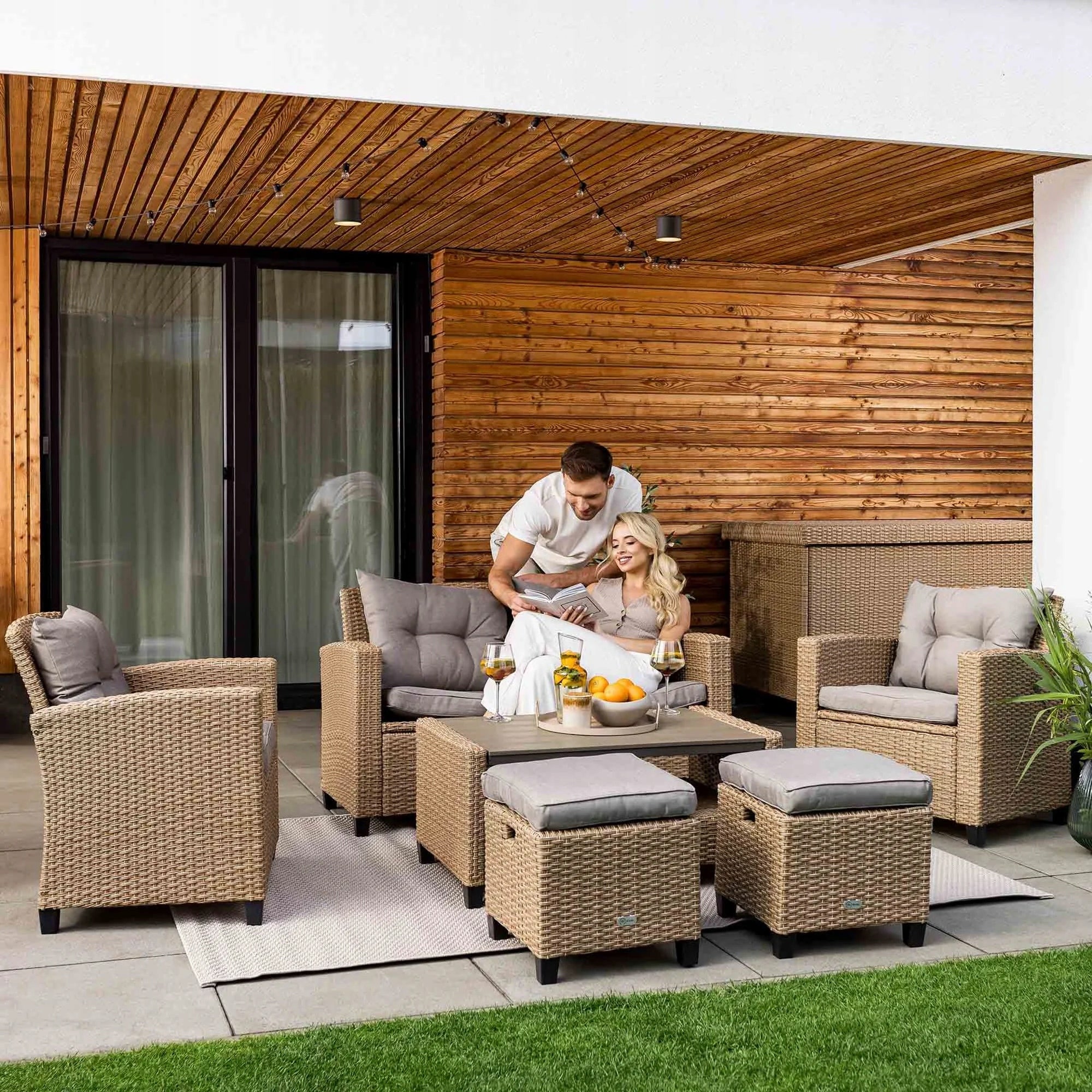 Large Garden Furniture Set Technorattan Sofa Armchairs Table Pouf Cushions Line FIRENZE DV-016GF