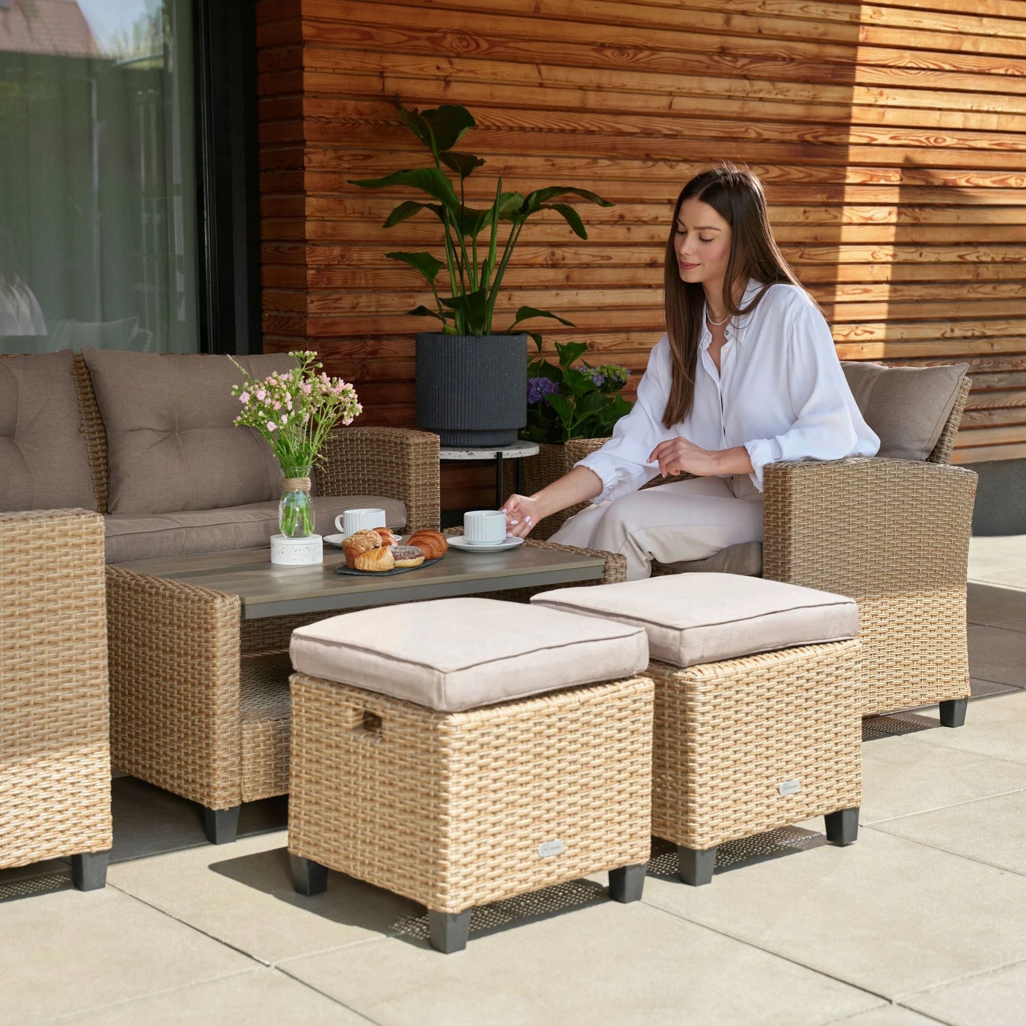 Large Garden Furniture Set Technorattan Sofa Armchairs Table Pouf Cushions Number of people 6