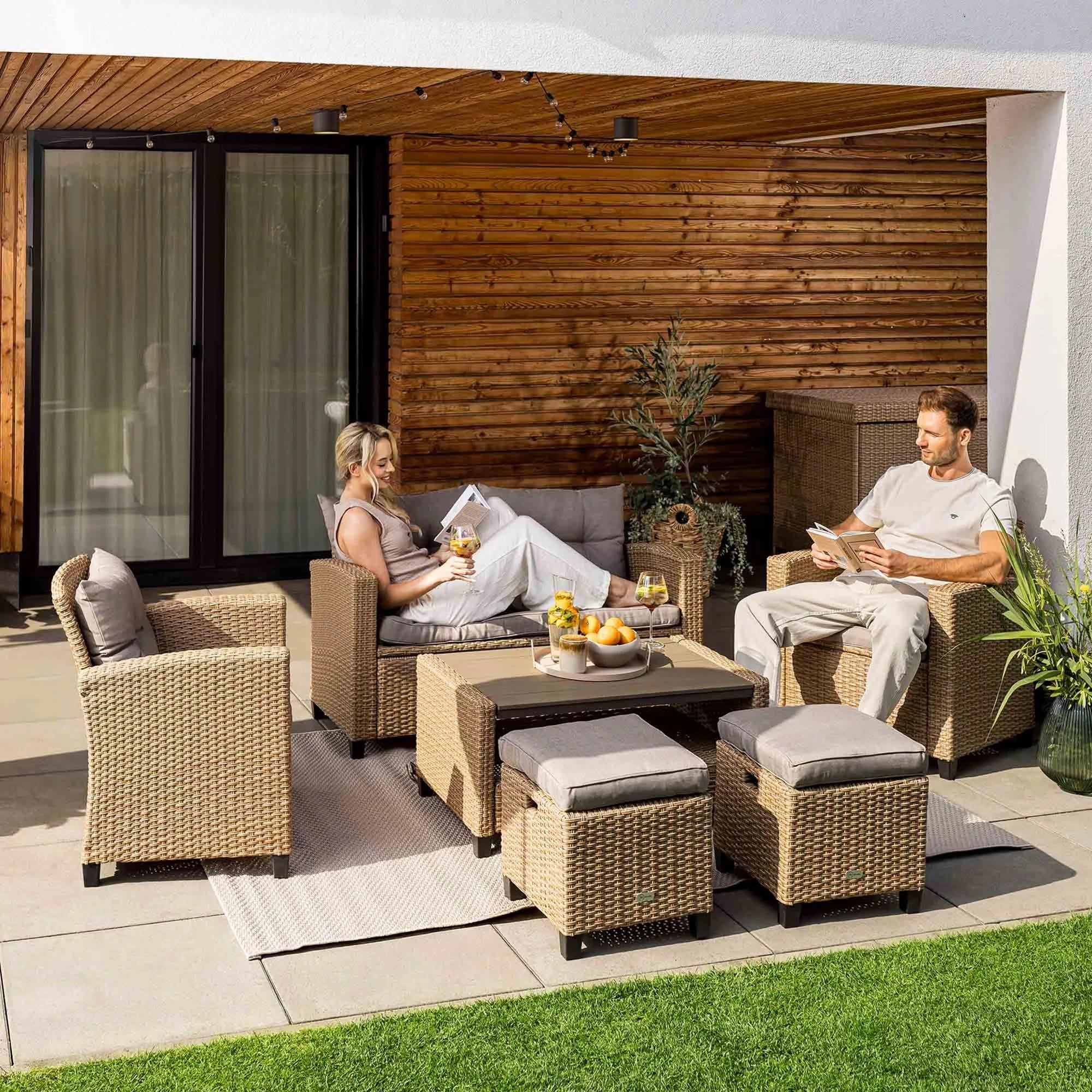 Large Garden Furniture Set Technorattan Sofa Armchairs Table Pouf Cushions Set contents armchair bench pouf end table