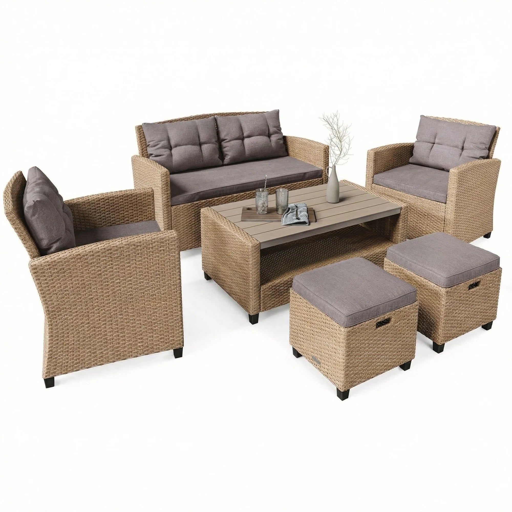 Large Garden Furniture Set Technorattan Sofa Armchairs Table Pouf Cushions