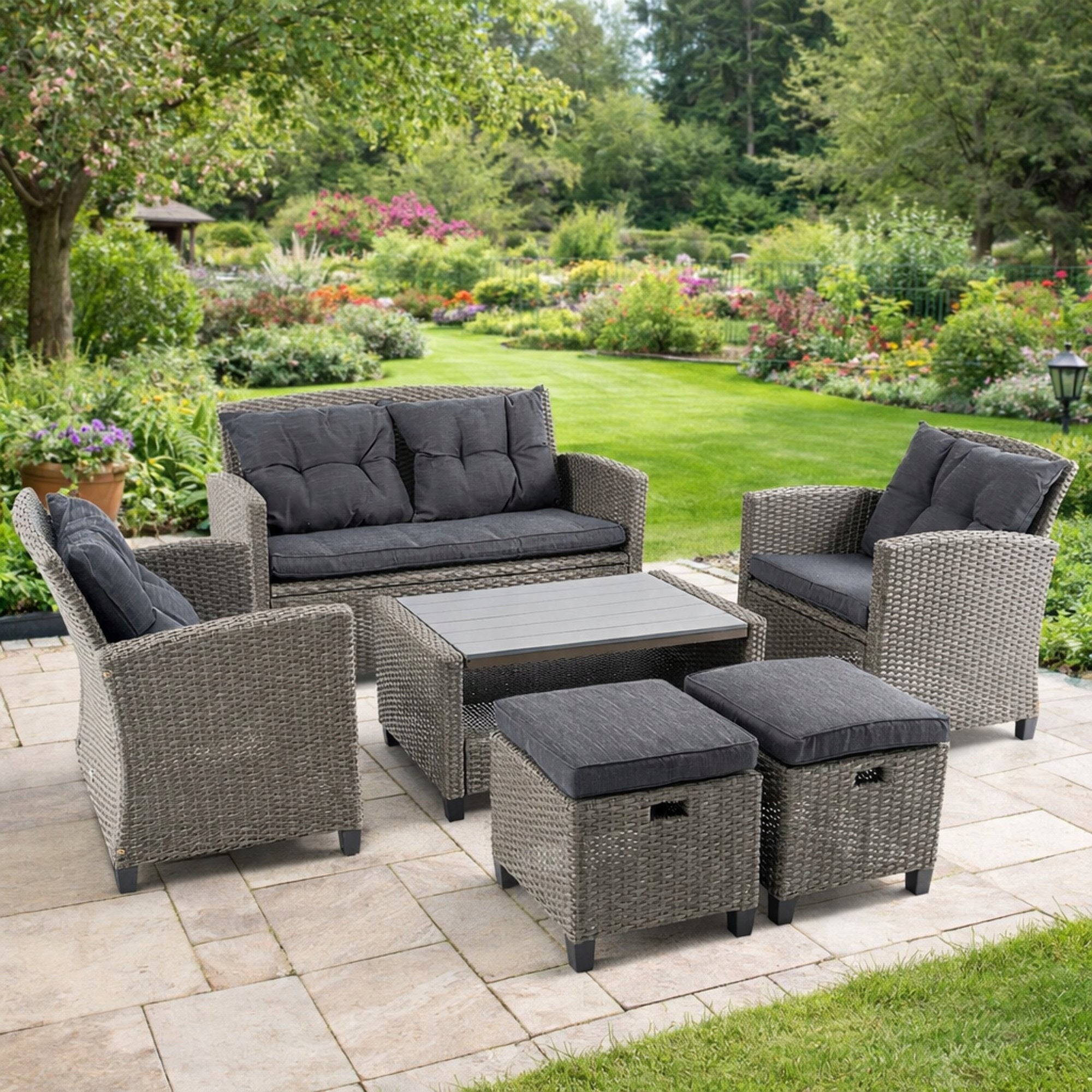 Large Set Garden Furniture 6 Seater Technorattan Sofa Armchairs Table Pouf Main material synthetic rattan