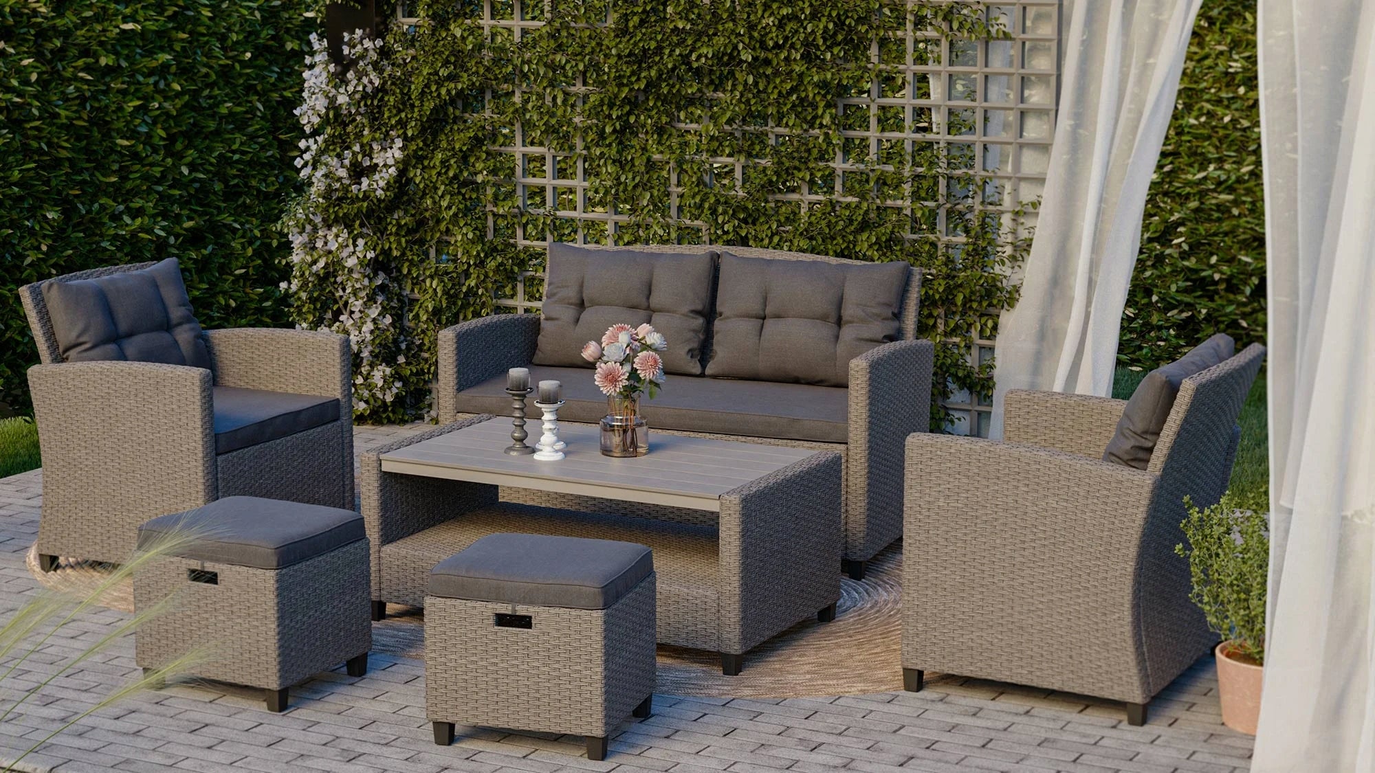 Large Set Garden Furniture 6 Seater Technorattan Sofa Armchairs Table Pouf Packaging status original