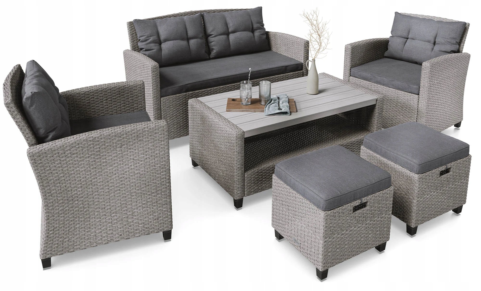 Large Set Garden Furniture 6 Seater Technorattan Sofa Armchairs Table Pouf