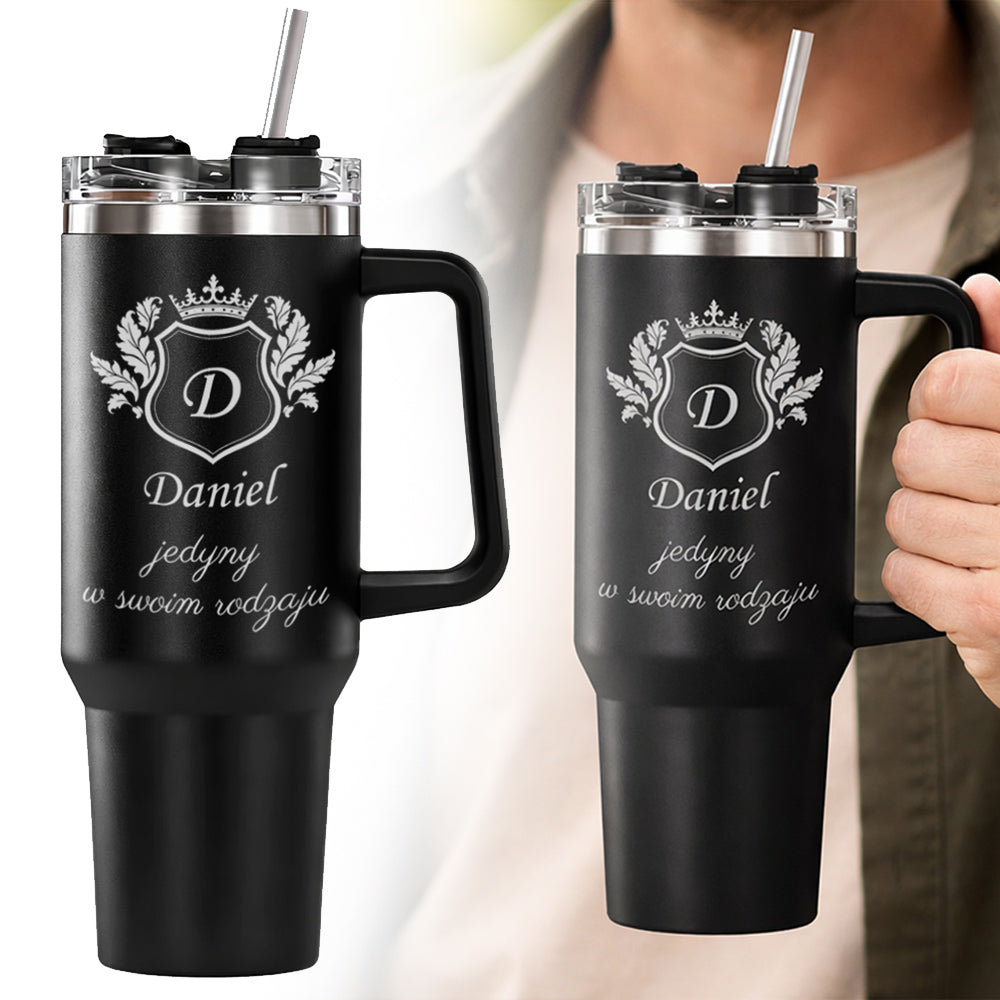 Large Thermal Mug with Straw ENGRAVING with Name Steel Handle