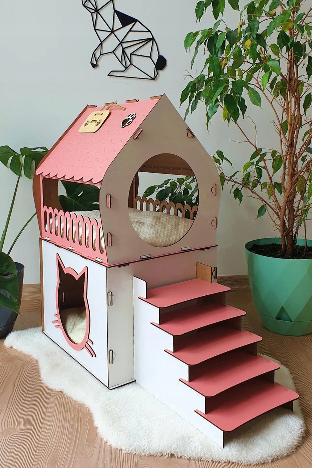 Large Wooden Cat House – 2 Levels MDF XXL Interior Bed Length 83 cm