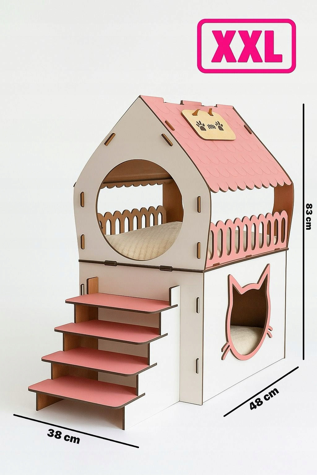 Large Wooden Cat House – 2 Levels MDF XXL Interior Bed Packaging status original