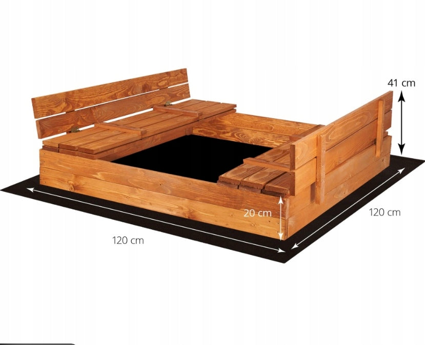 Large Wooden Sandbox 120x120 with Benches | Impregnated | Tarpaulin Manufacturer code Impregnowana