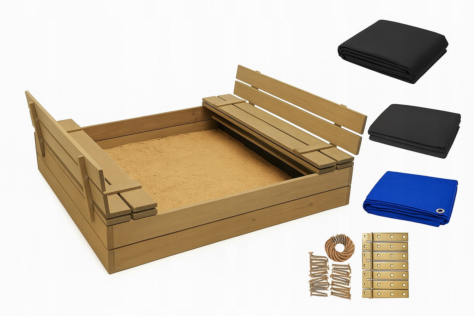 Large Wooden Sandbox 120x120 with Benches | Impregnated | Tarpaulin