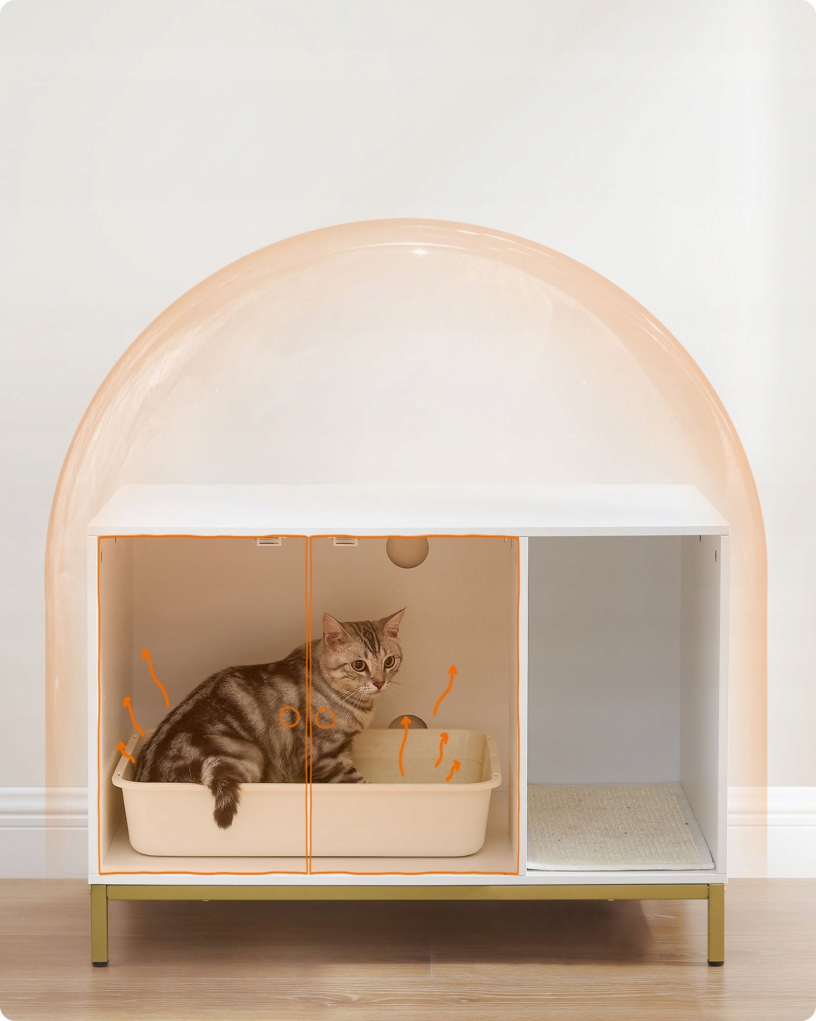 Large built-in cat litter box in a white cabinet on golden steel legs Kind cat house
