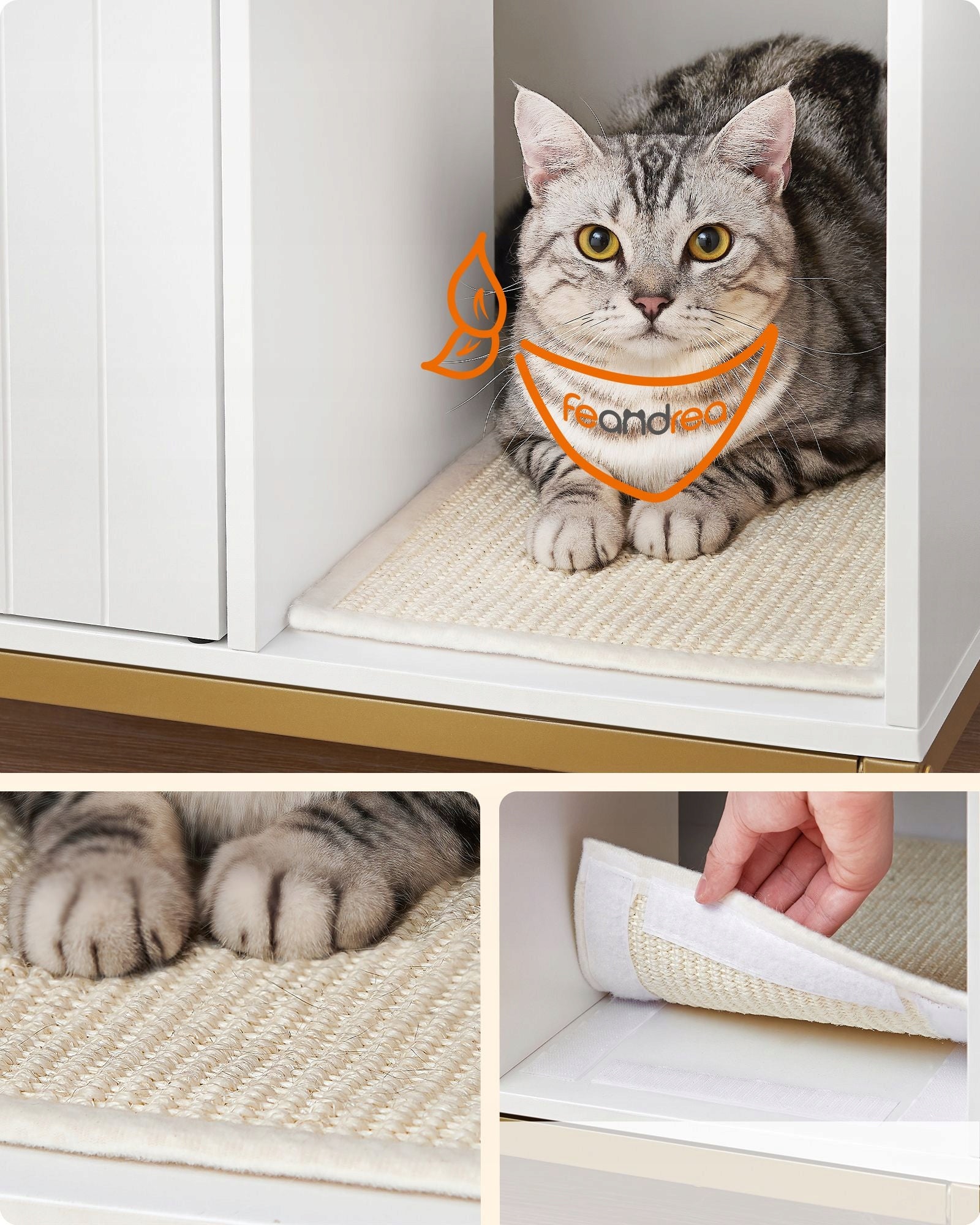 Large built-in cat litter box in a white cabinet on golden steel legs Trade name PCL007W01
