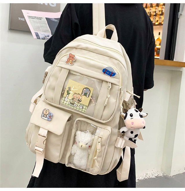 Large capacity student backpack with beige ribbon pendant Brand no brand