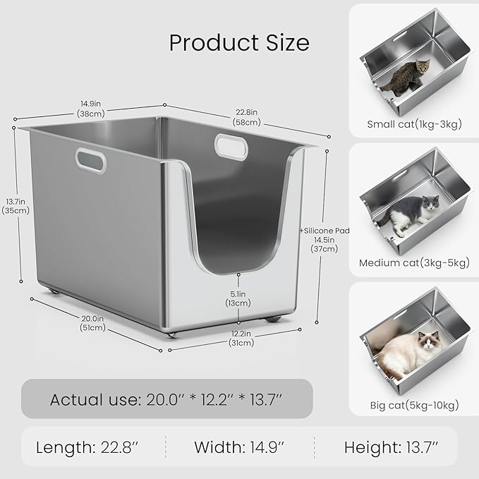 Large cat litter box PTLOM XL – stainless steel, high rim, open Manufacturer code B0F1FR8XDK