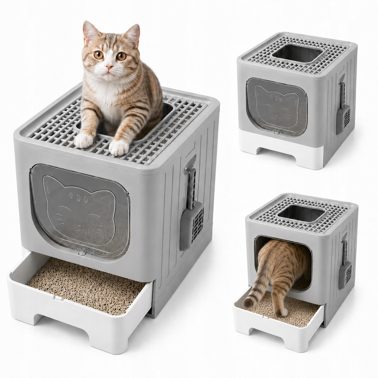 Large cat litter box lockable folding with pull-out drawer and XXL spatula