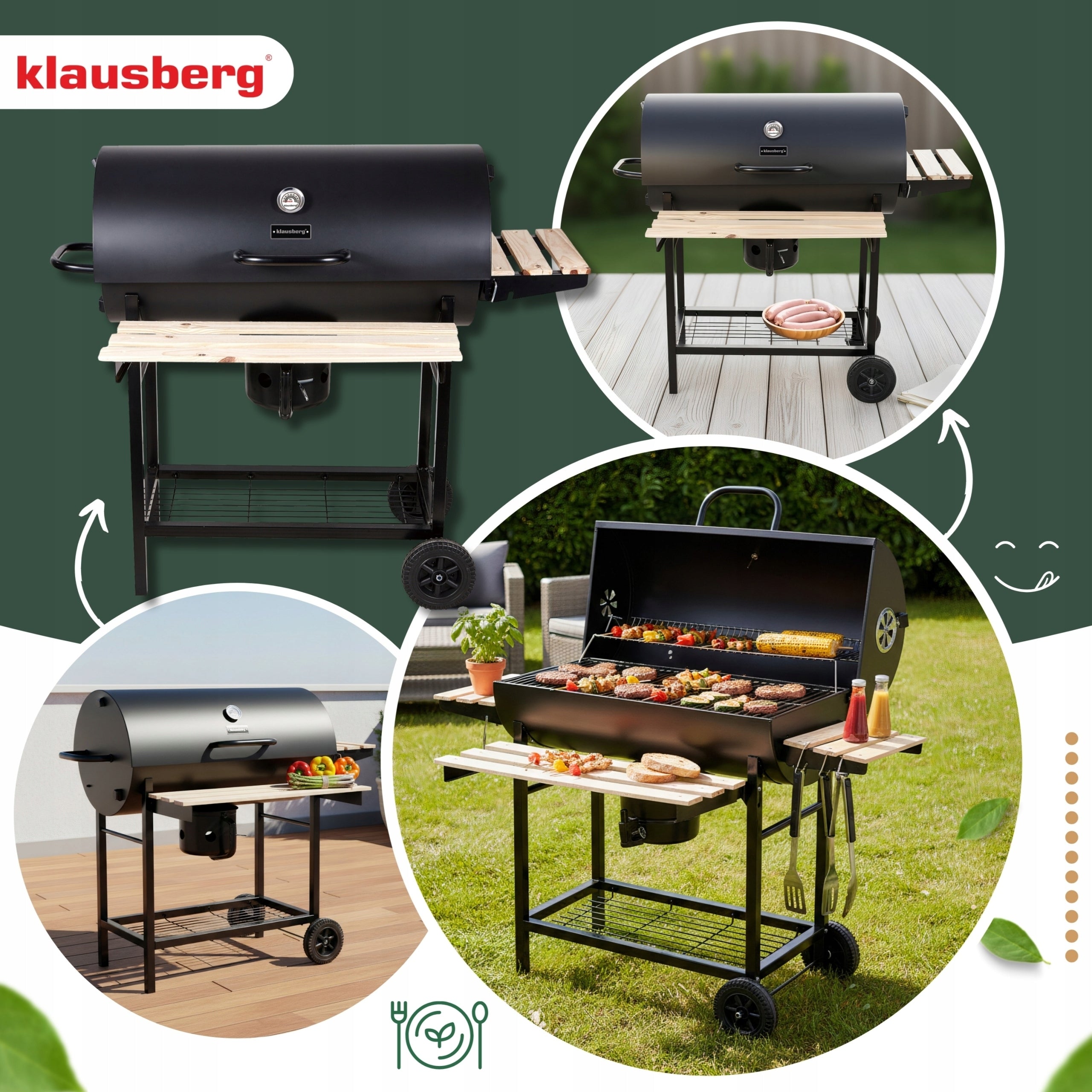 Large charcoal garden grill KLAUSBERG KB-9033 + lid + shelves + Ashtray Grate length 70 cm