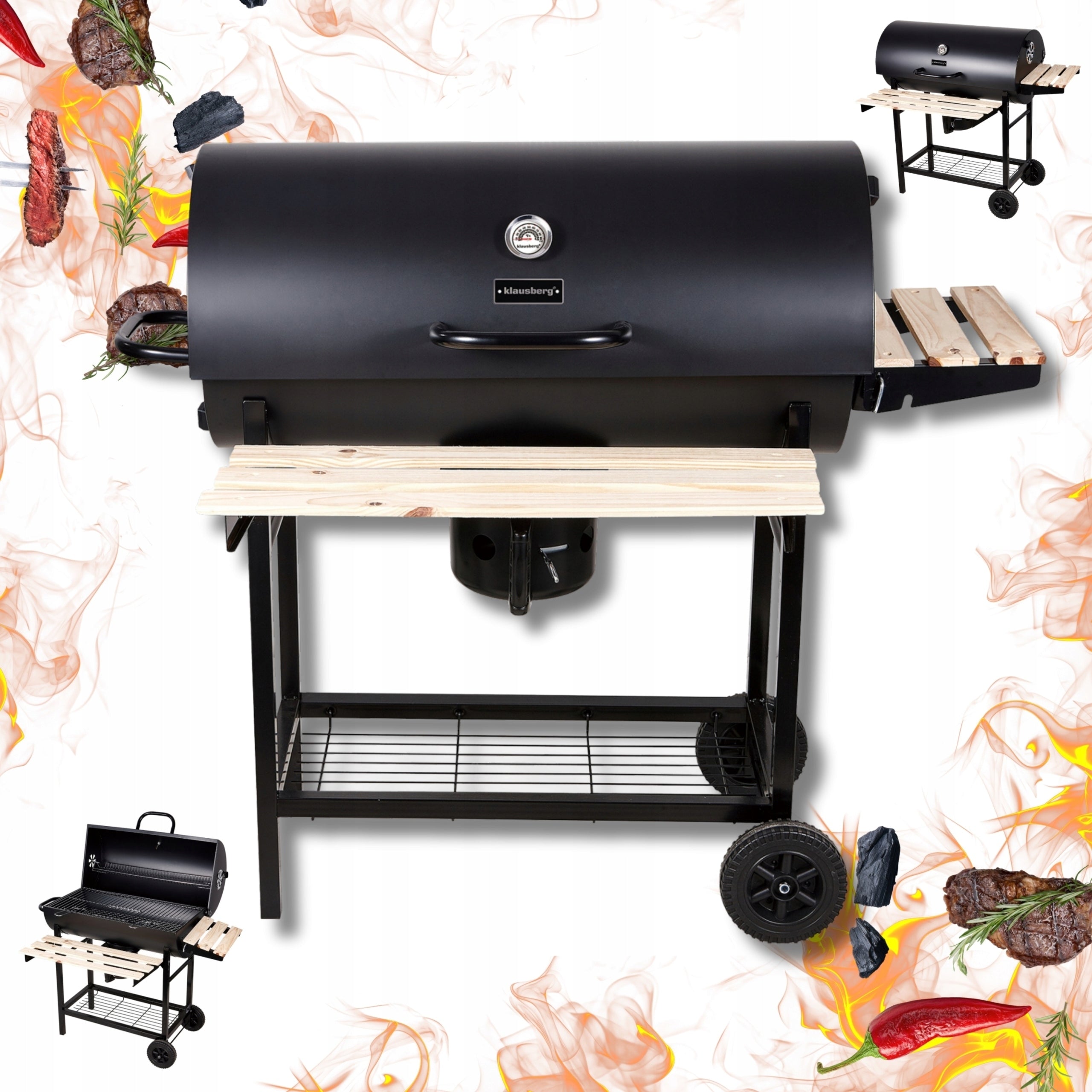 Large charcoal garden grill KLAUSBERG KB-9033 + lid + shelves + Ashtray Packaging status original