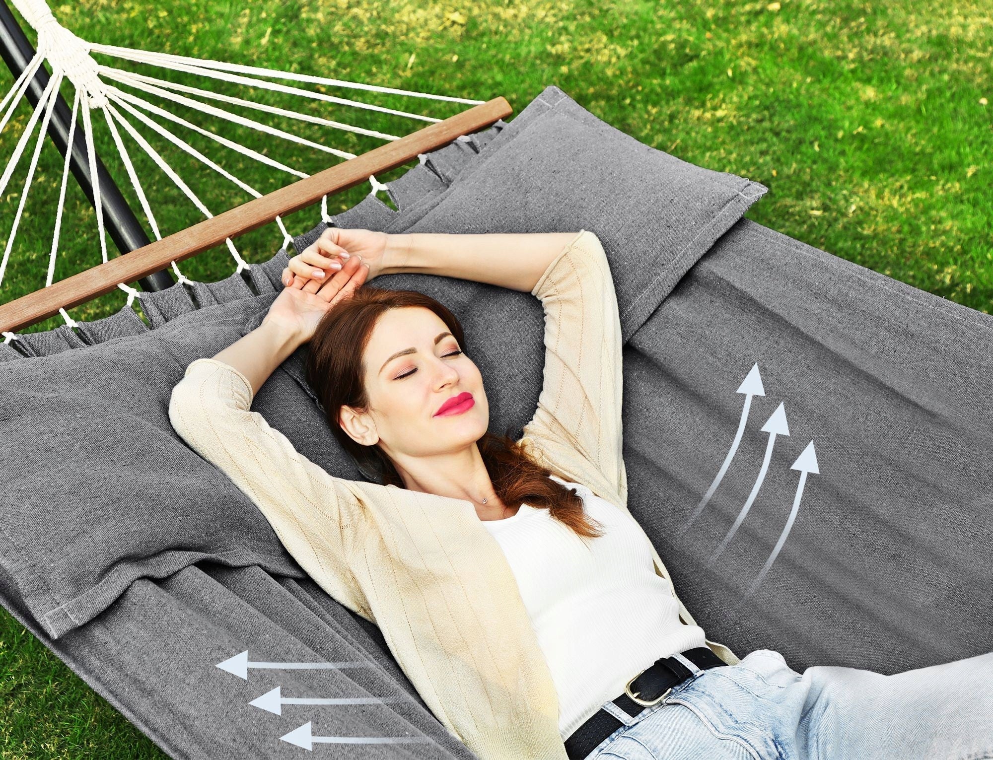 Large double garden hammock with 2 soft cushions and side pocket Total length 210 cm