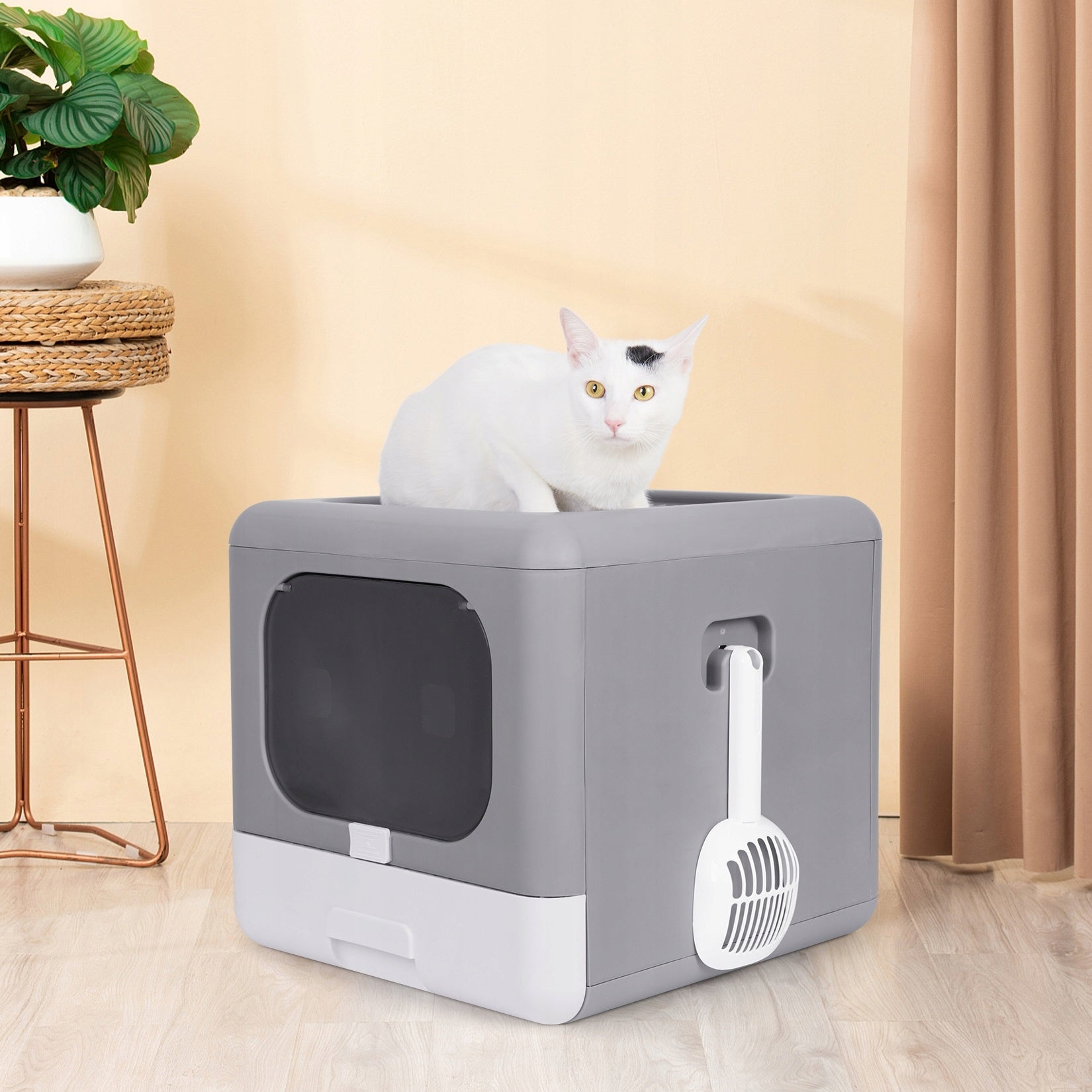 Large litter box closed for cat with drawer + spatula covered filter (F056) Color gray