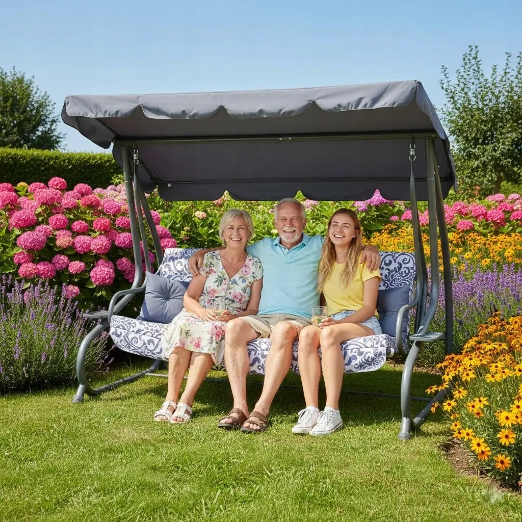 Large swing folding garden couch 2in1 4 pers. 300 kg canopy