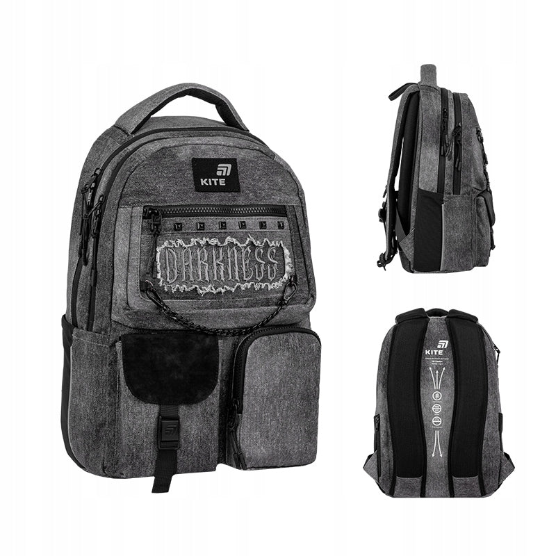Large youth school backpack for boys 9-12 years black denim Kite