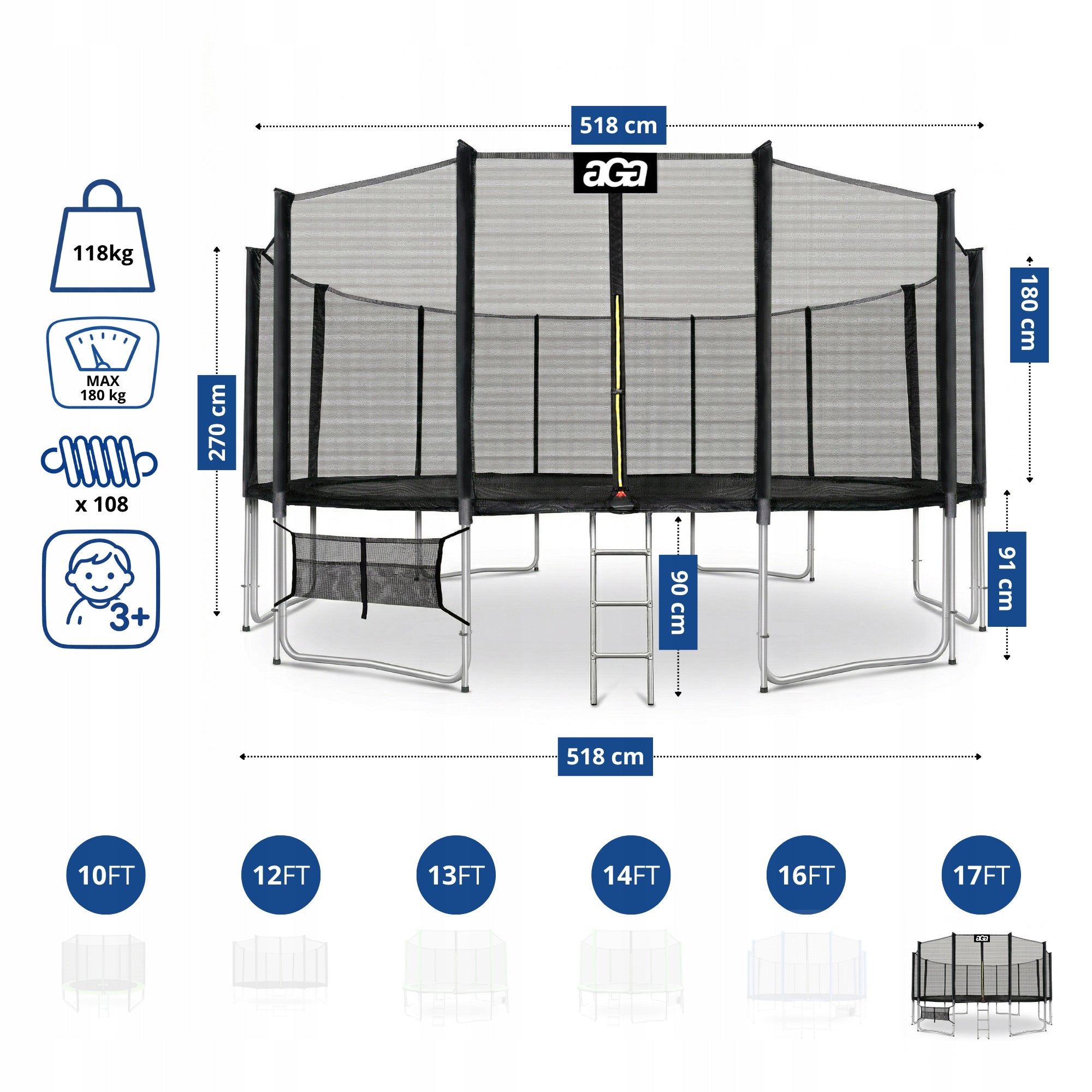 Largest Trampoline on the Market aGa SPORT PRO 518cm 17ft. Black PREMIUM Kid's age 3+ years