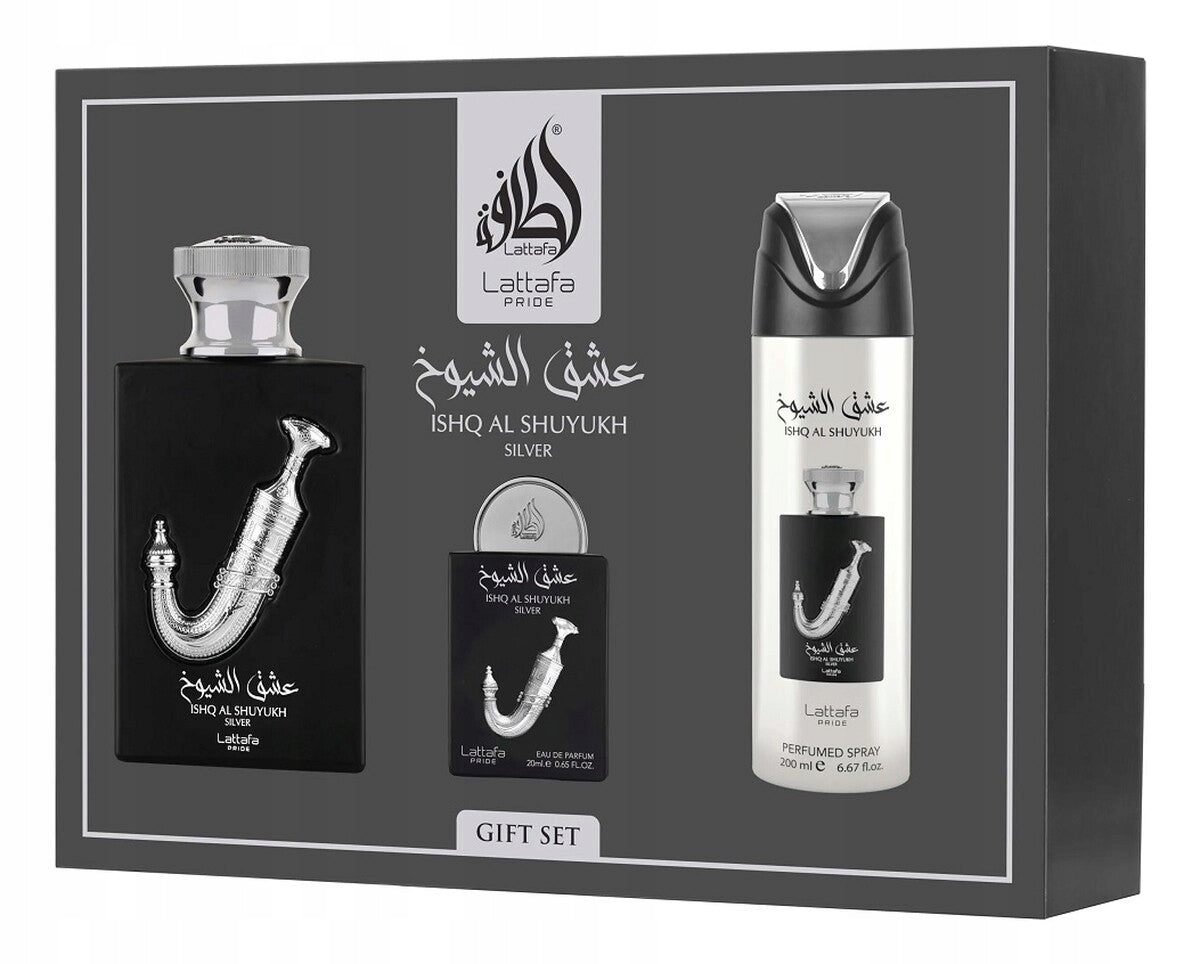 Lattafa Ishq Al Shuyukh Silver Perfume Water Set100ml+Water 20ml+Deodorant