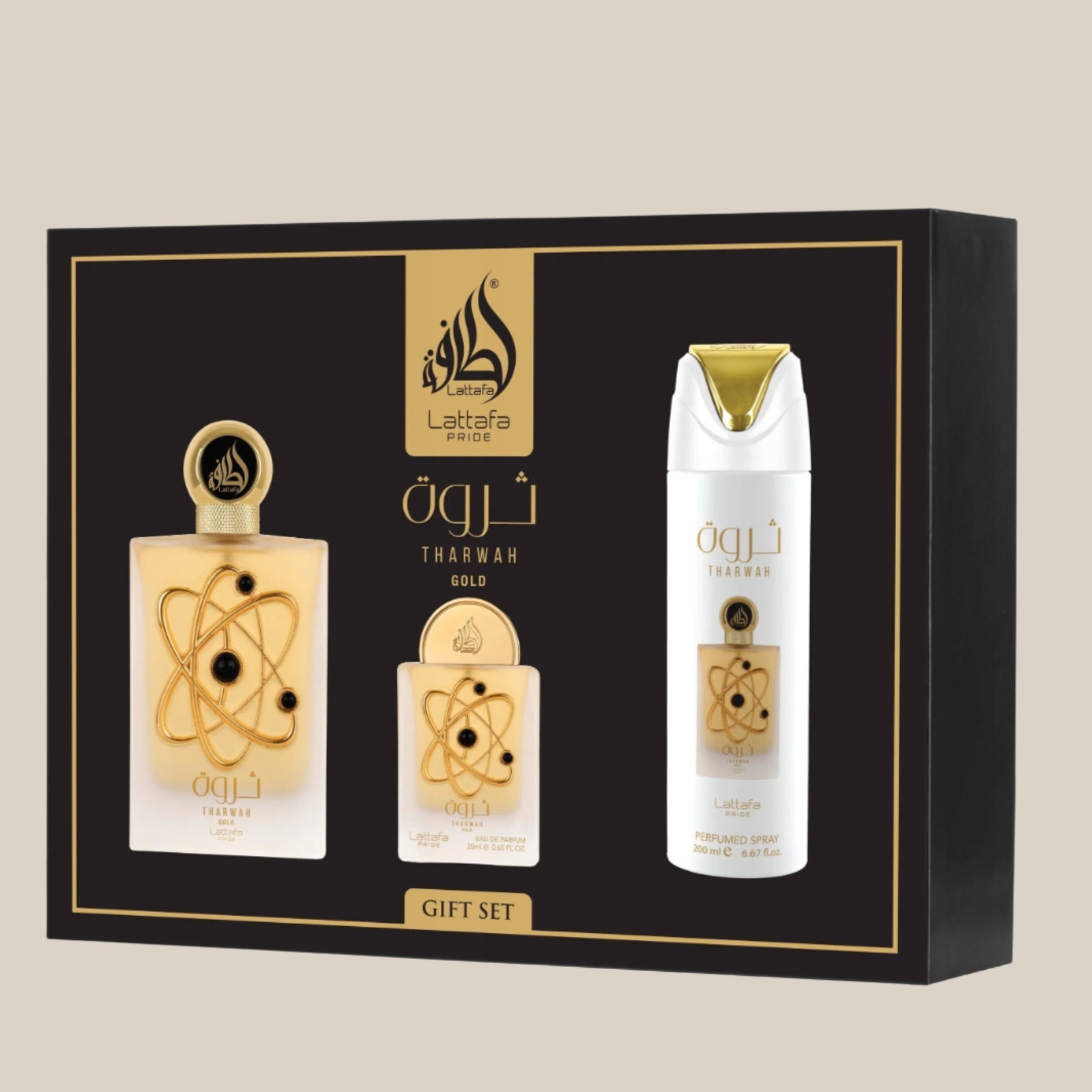 Lattafa Pride Tharwah Gold Gift Set fragrance set 100ml + 20ml + 200ml Packaging status original
