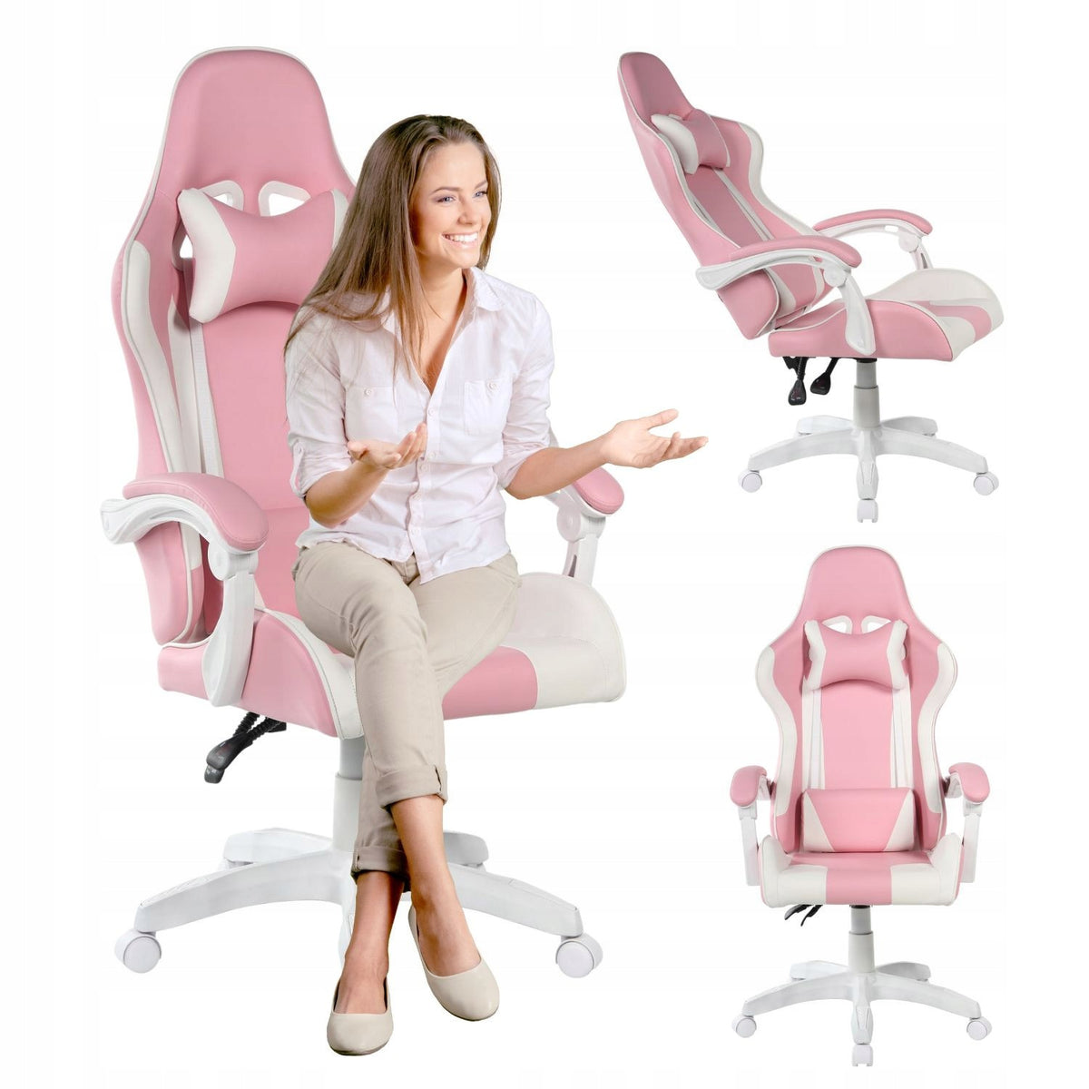 Leather Swivel Chair for Player for Gaming Desk Pink White ROZA