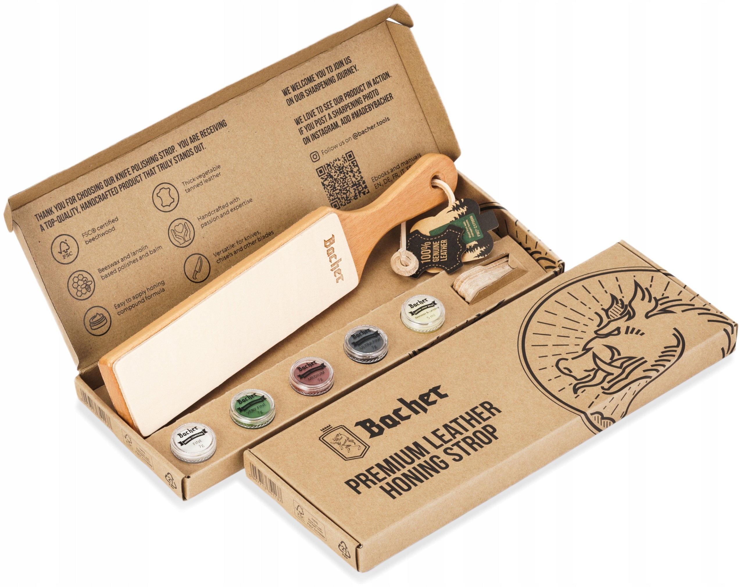 Leather ceiling for sharpening knives BACHER double-sided belt + 4 pastes, balm Packaging status original