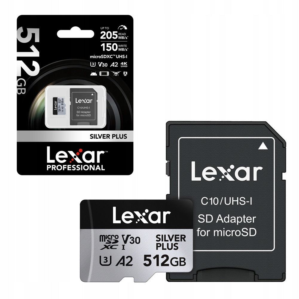 Lexar microSDXC 512GB Silver Plus V30 A2 205/150 MB/s adapter