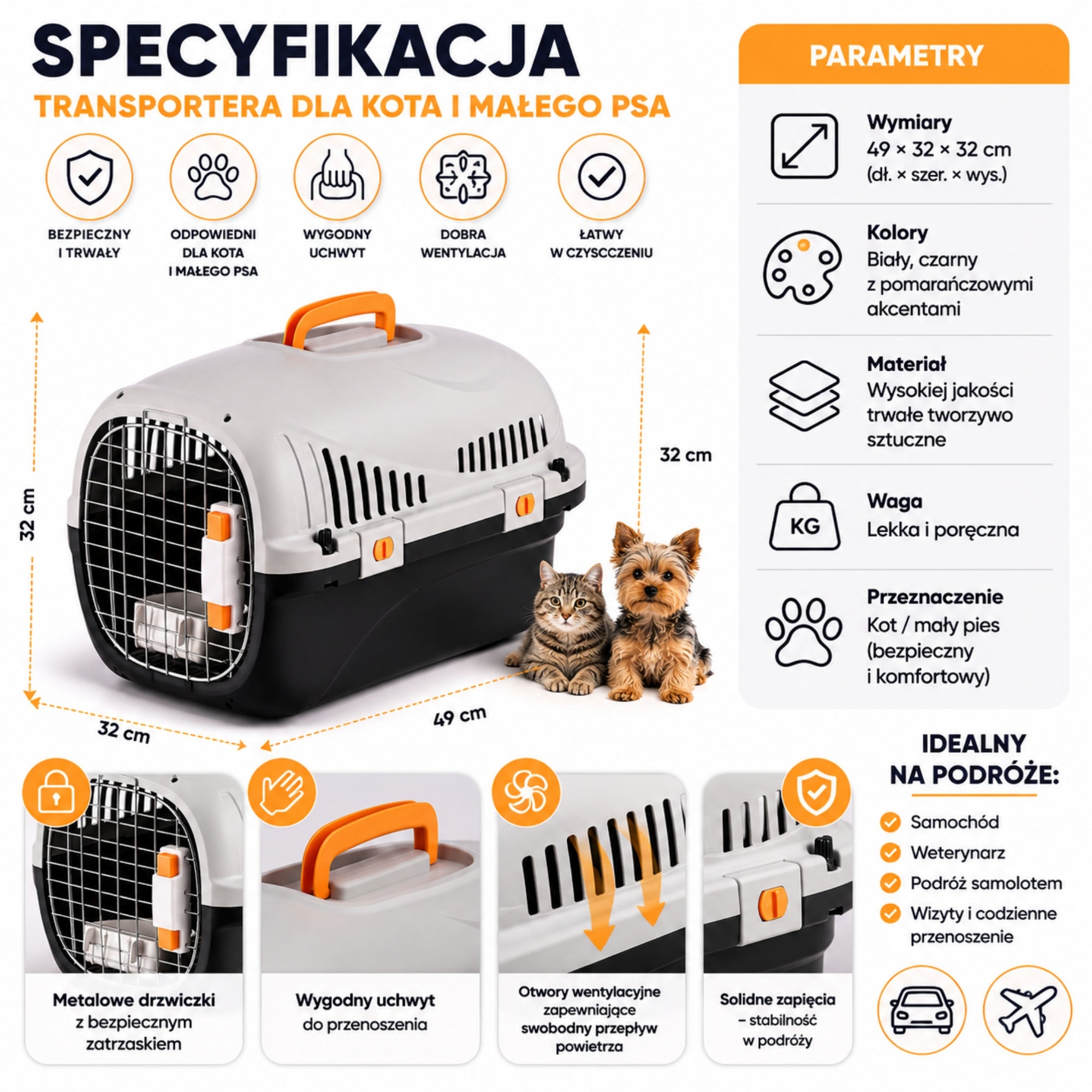 Lightweight Transporter for Cat and Small Dog with Metal Doors 49cm Manufacturer code TK304