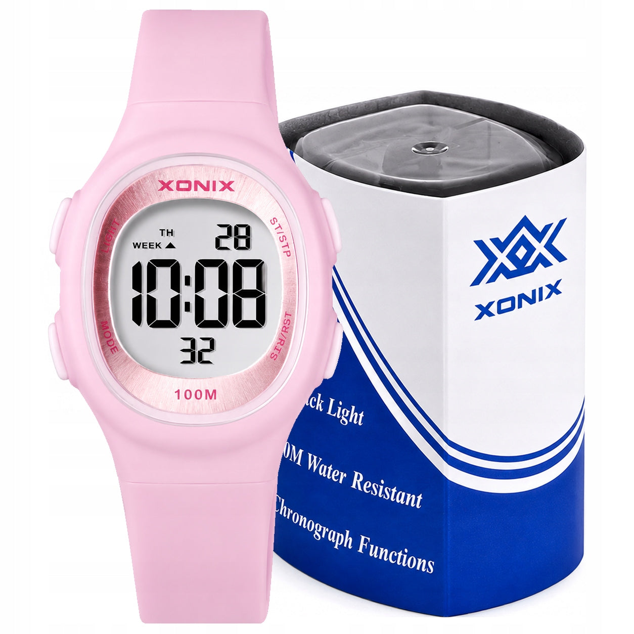 Lightweight digital watch with water resistance 10 ATM pink alarm data timer