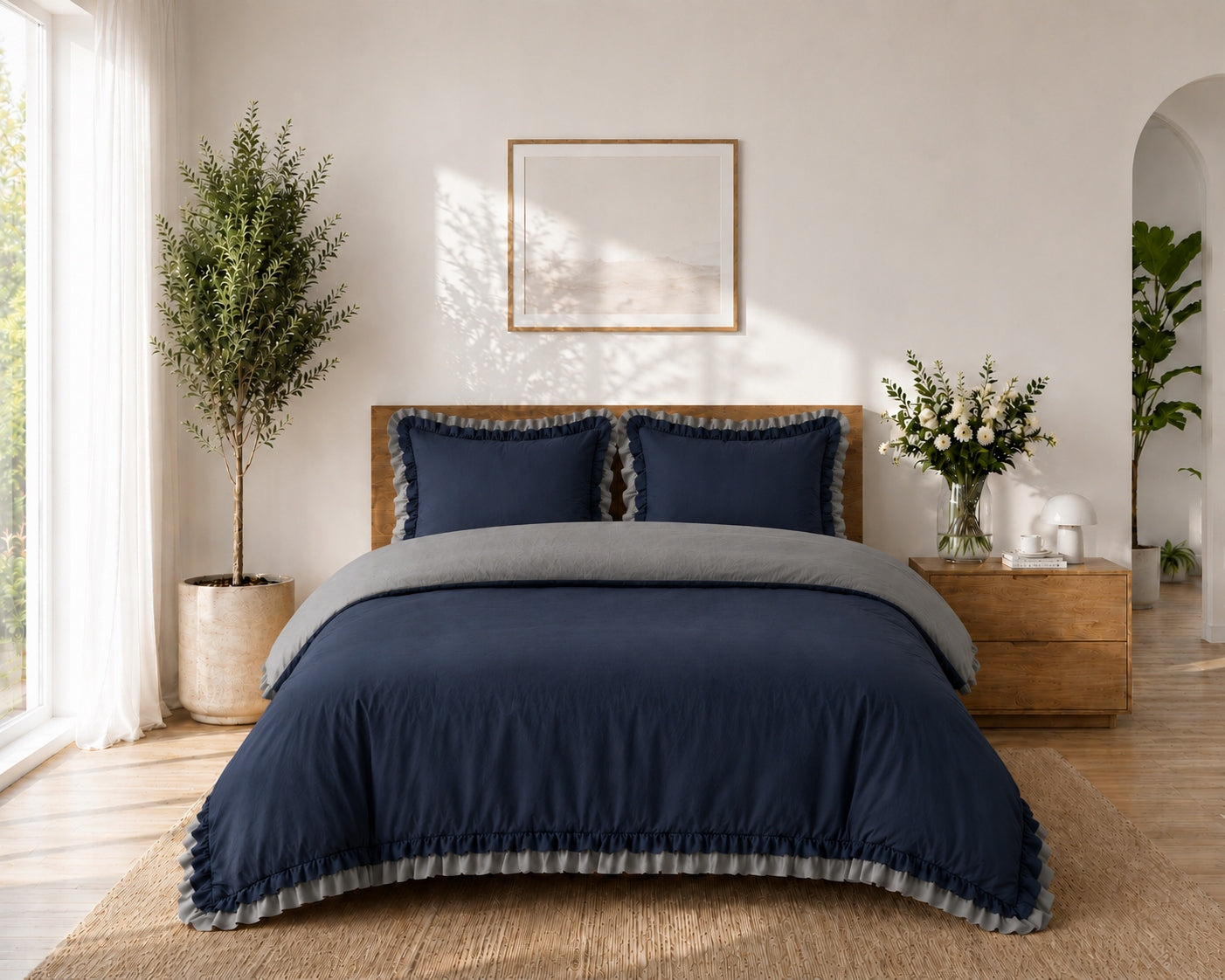 Linen satin cotton 220x200 navy blue grey frills 2x70x80 Premium Packaging status original