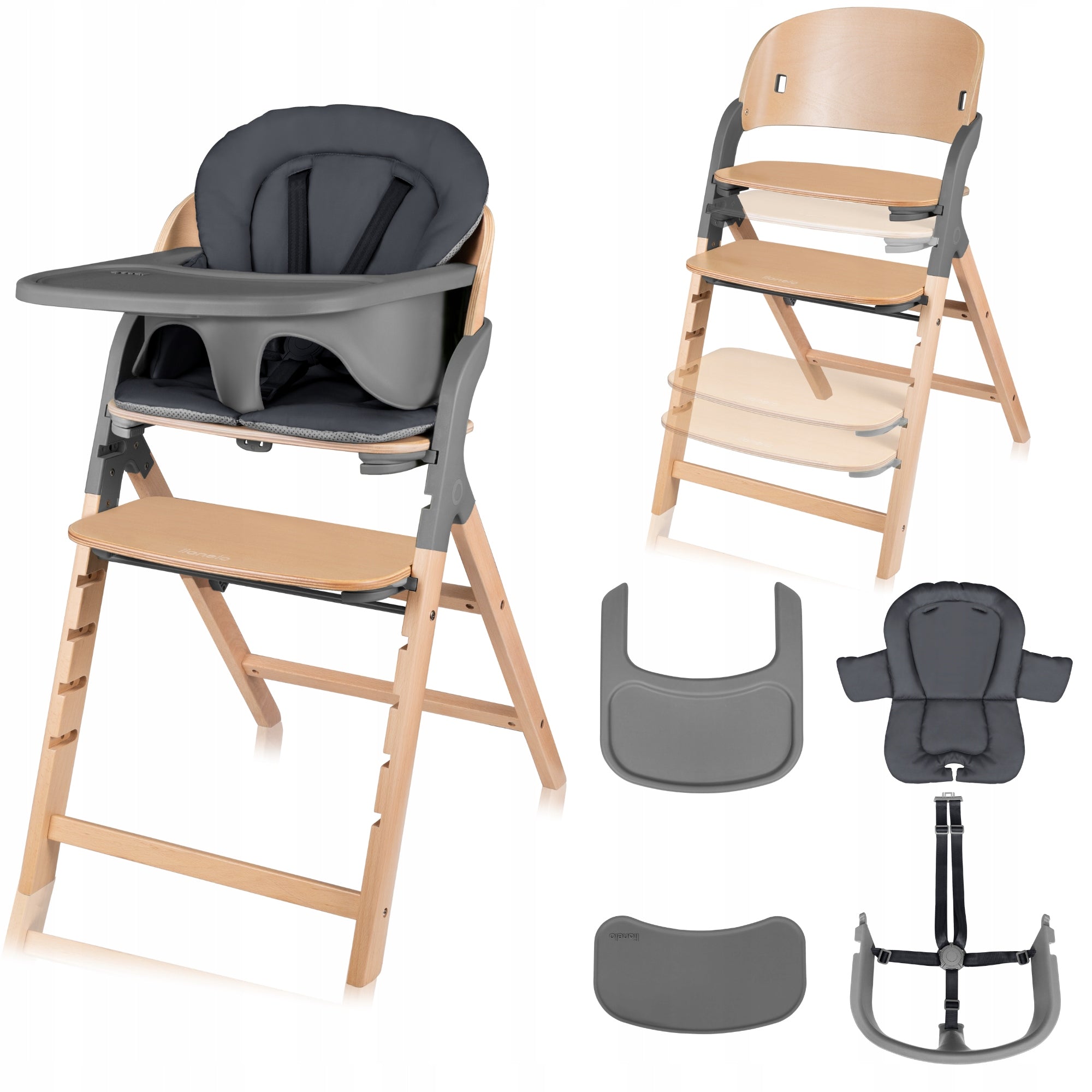 Lionelo Megan Wooden high chair 3in1 up to 110kg Grey wood