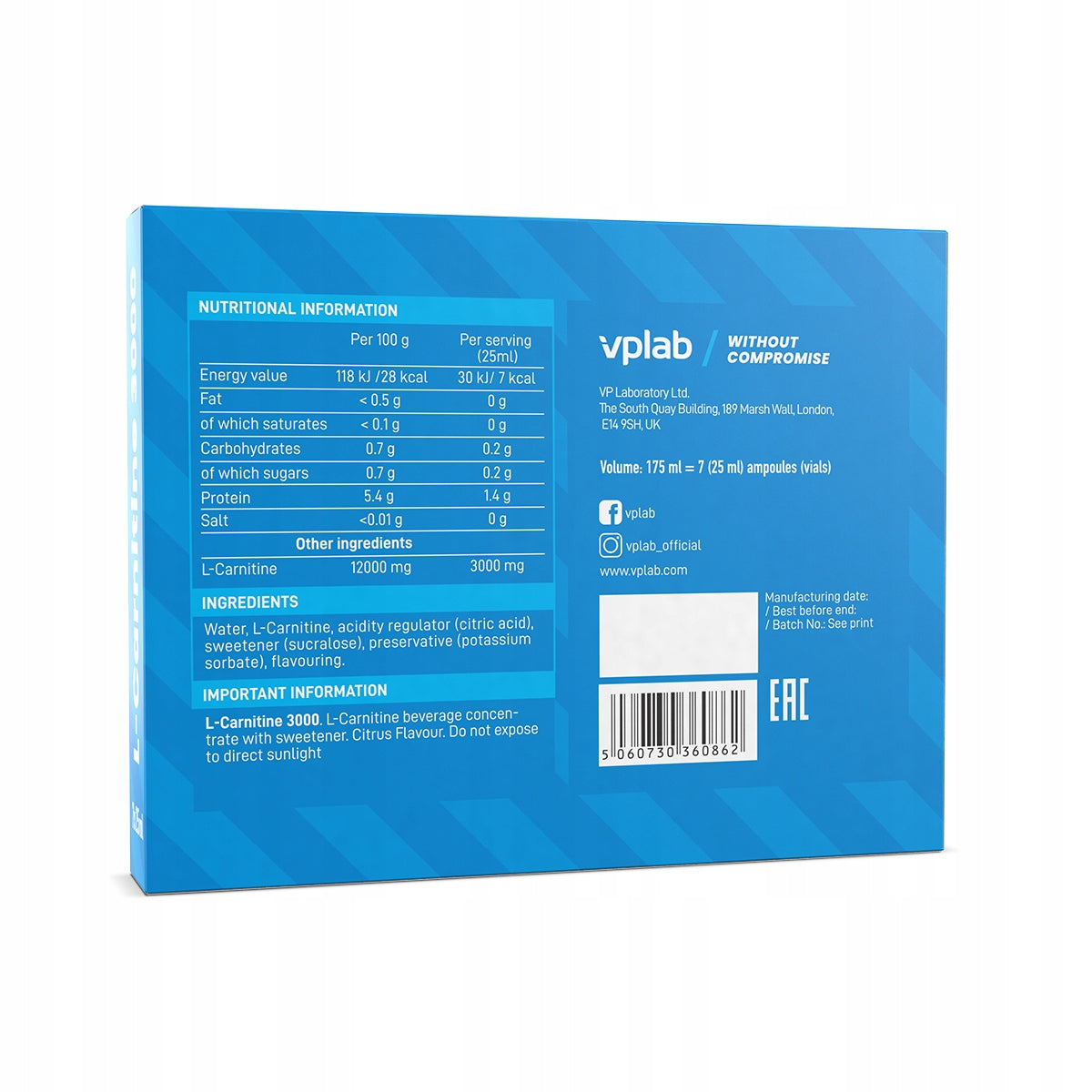 Lipotropic Burners 3000mg VPLab L-Carnitine Ampoules 7x25ml Citrus Liquid Expiration date at least six months from the date of purchase