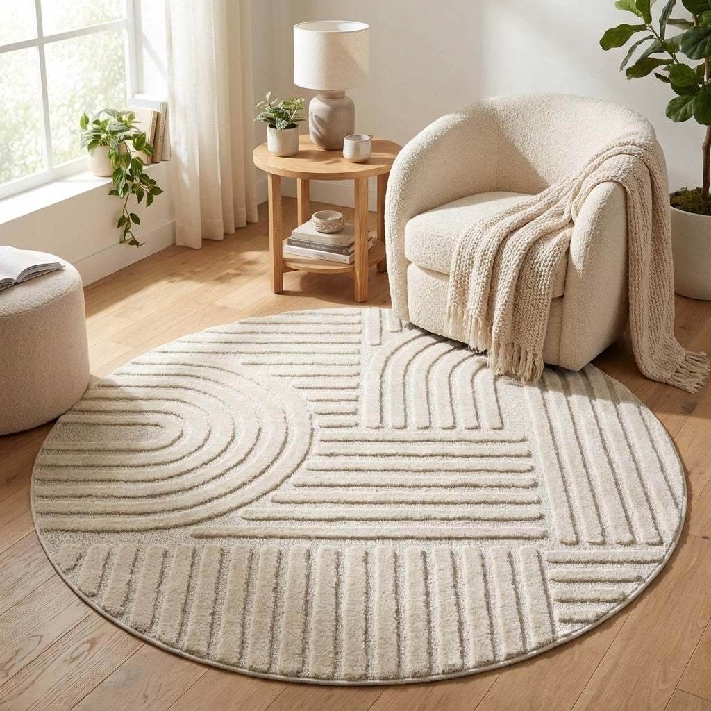 Living Room Rug Round 120x120cm Modern Geometry 3D Cream Certificate Color beige