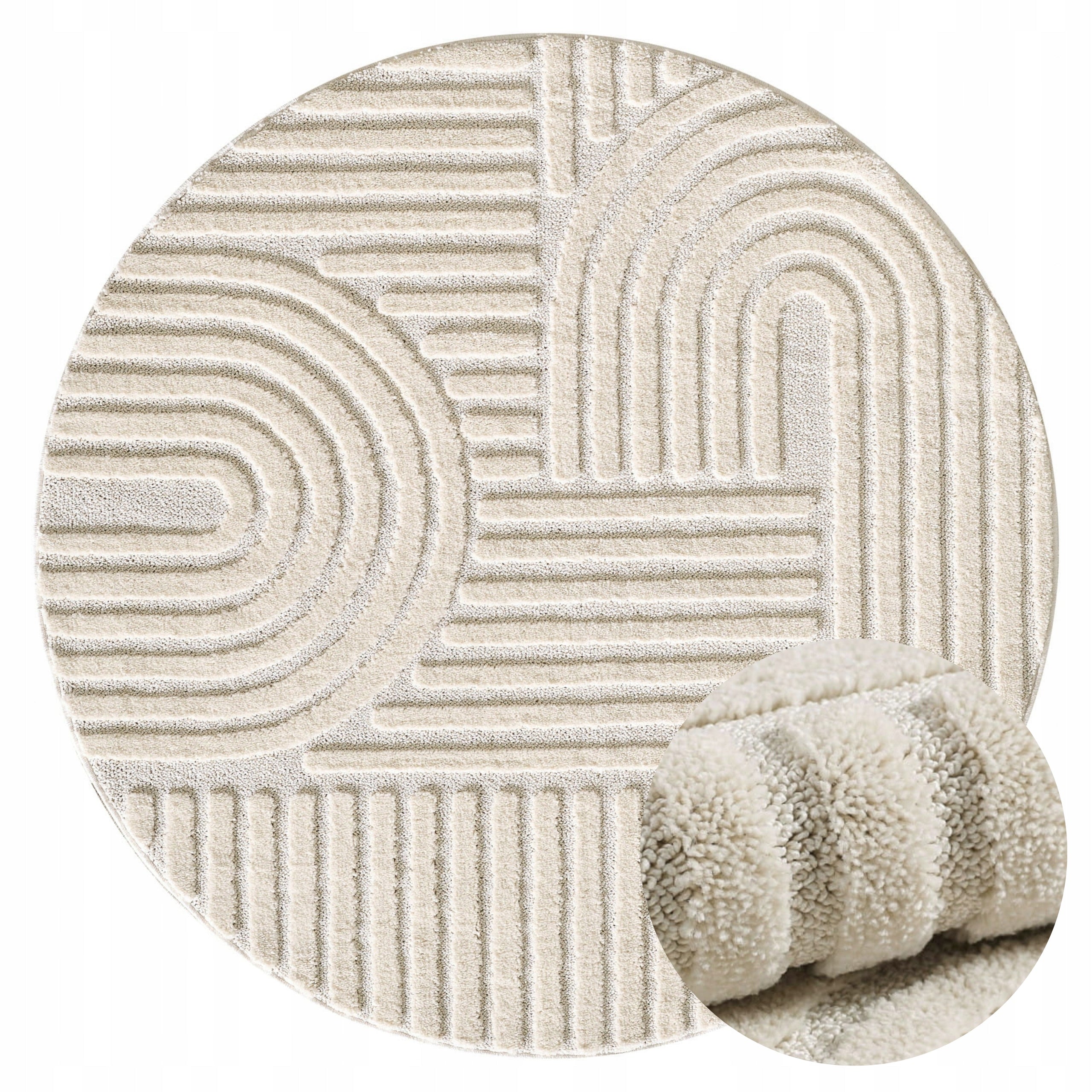 Living Room Rug Round 160x160cm Modern Geometry 3D Cream Certificate