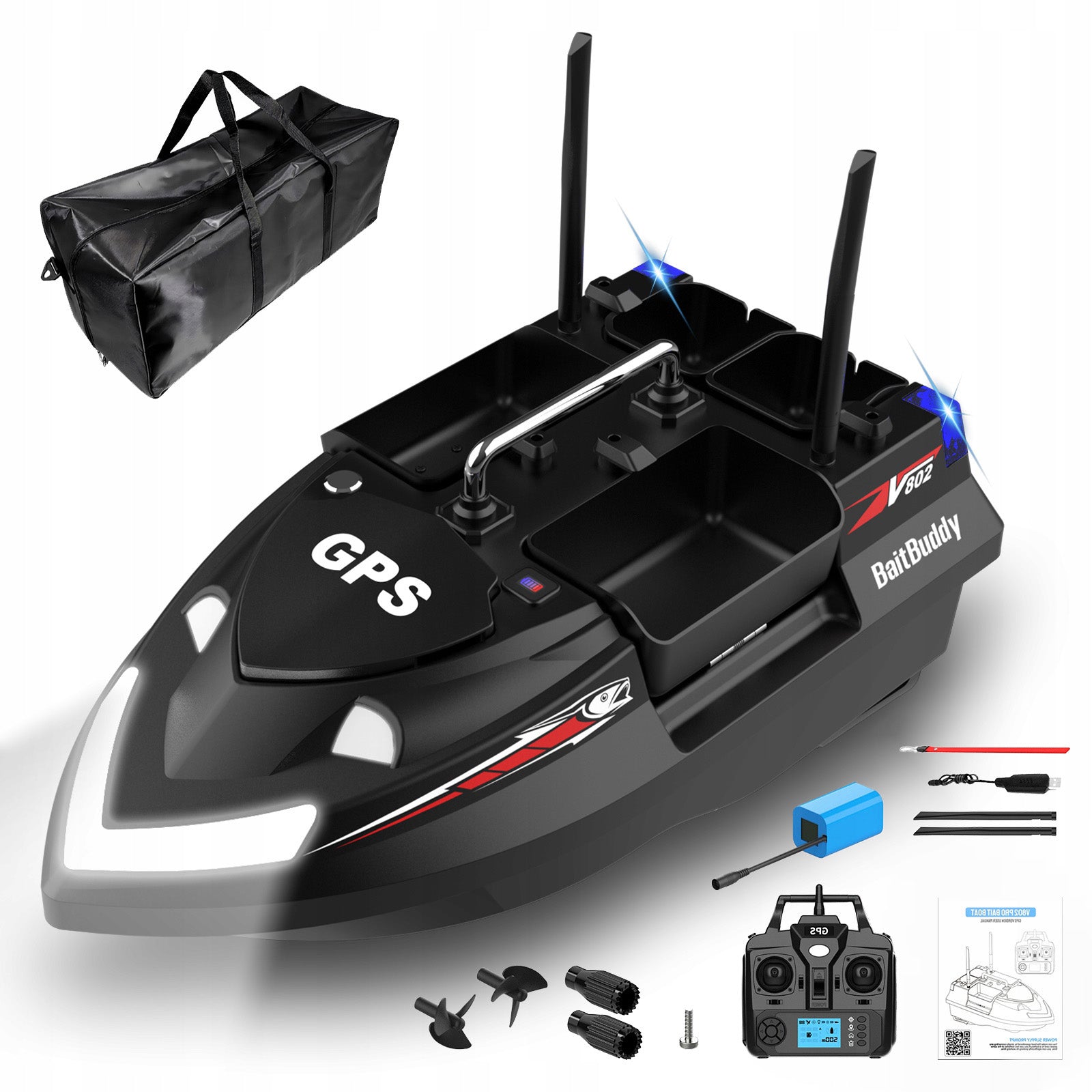 Lokeevan V802 Pro Bait boat GPS 4 tanks 160 points 500m black +HandBag
