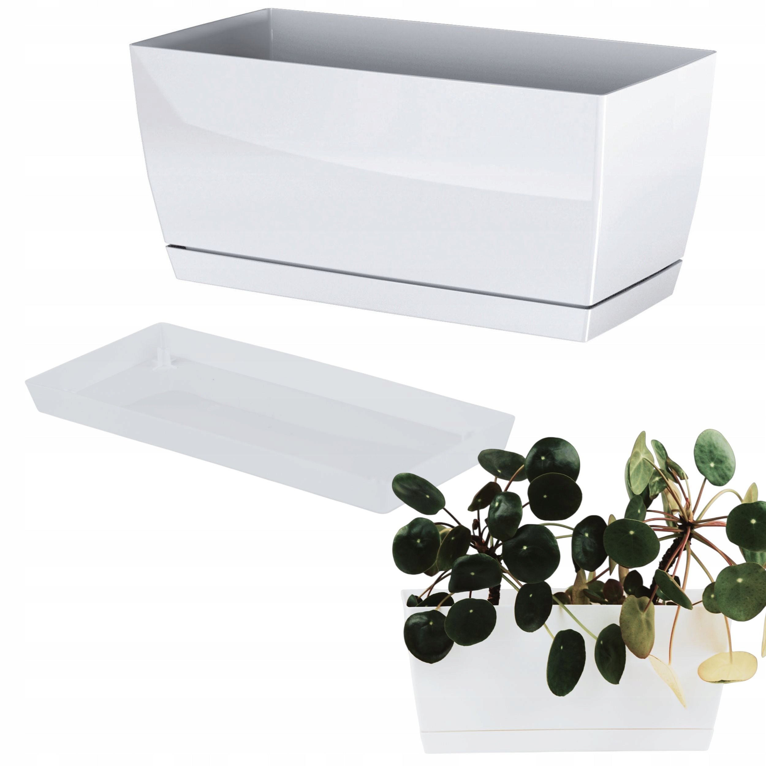 Low rectangular flower pot in gloss 29cm Planter + stand Color white